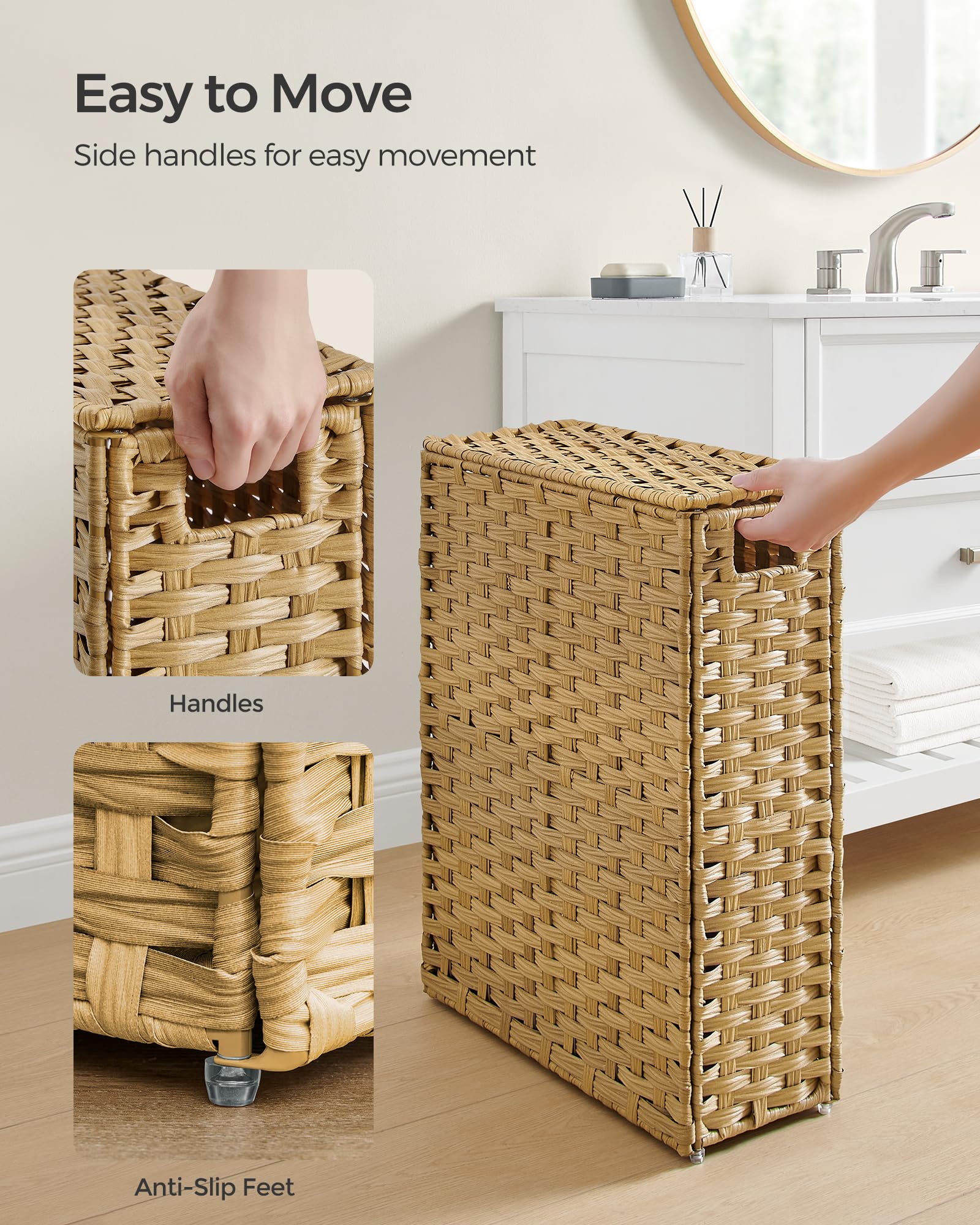 SONGMICS Slim Laundry Basket - 55L Synthetic Rattan Storage with Lid & Handles | Foldable | Goose Yellow 5