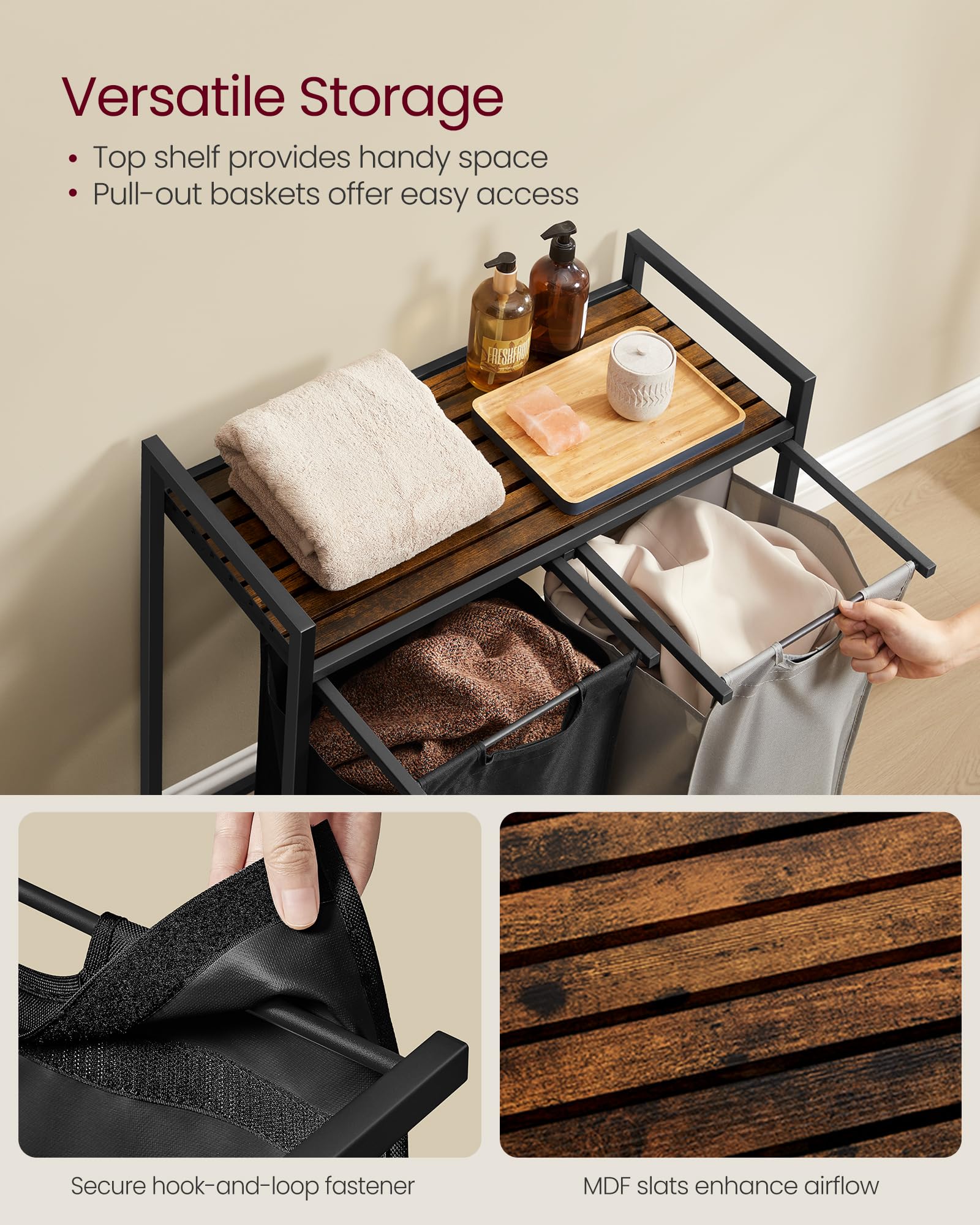 VASAGLE 2-Compartment Laundry Hamper with Shelf | 92 L Capacity | Removable Liners 4
