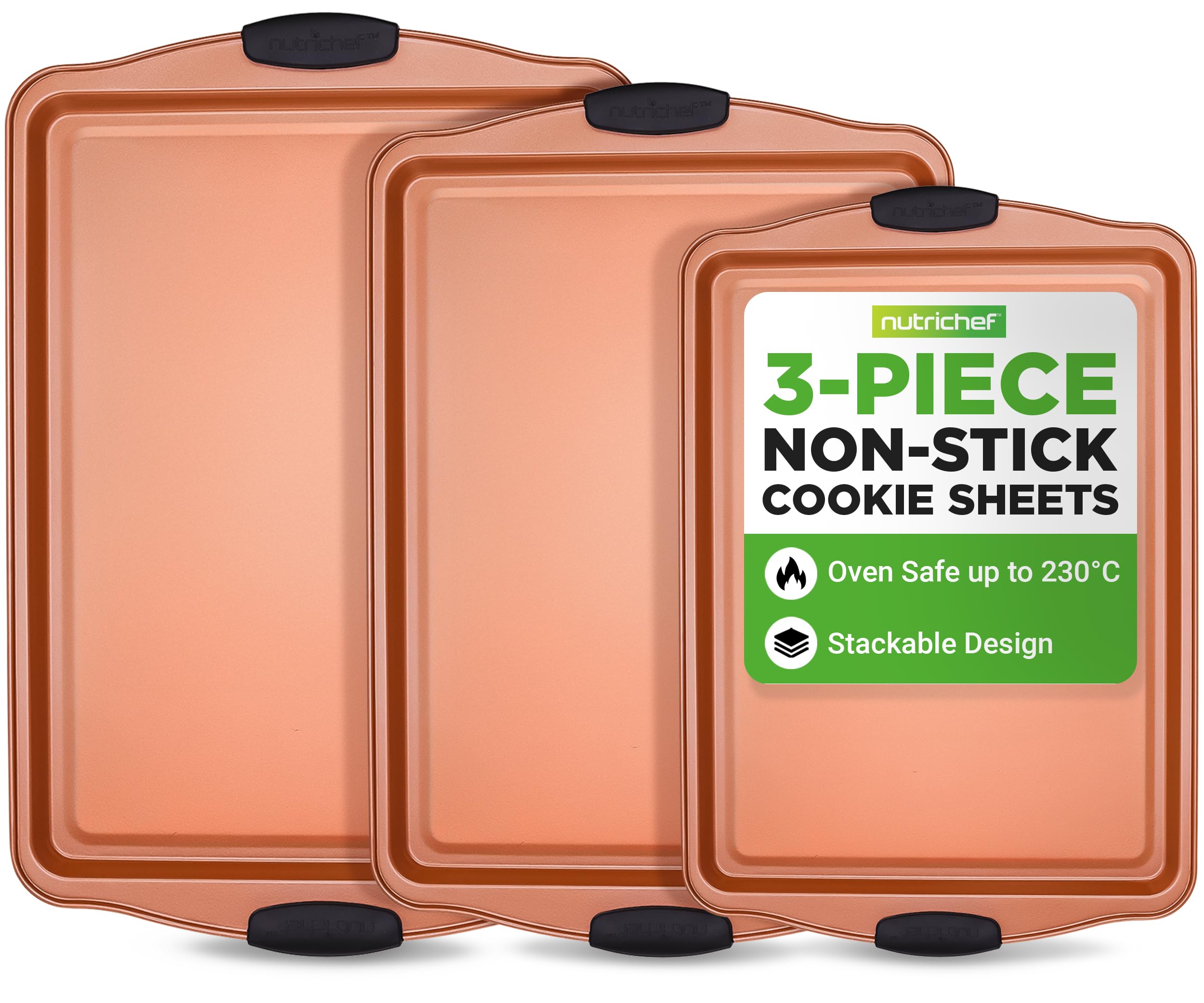 NutriChef 3-Piece Non-Stick Carbon Steel Baking Tray Set with Silicone Handles | Oven Safe to 230°C 1