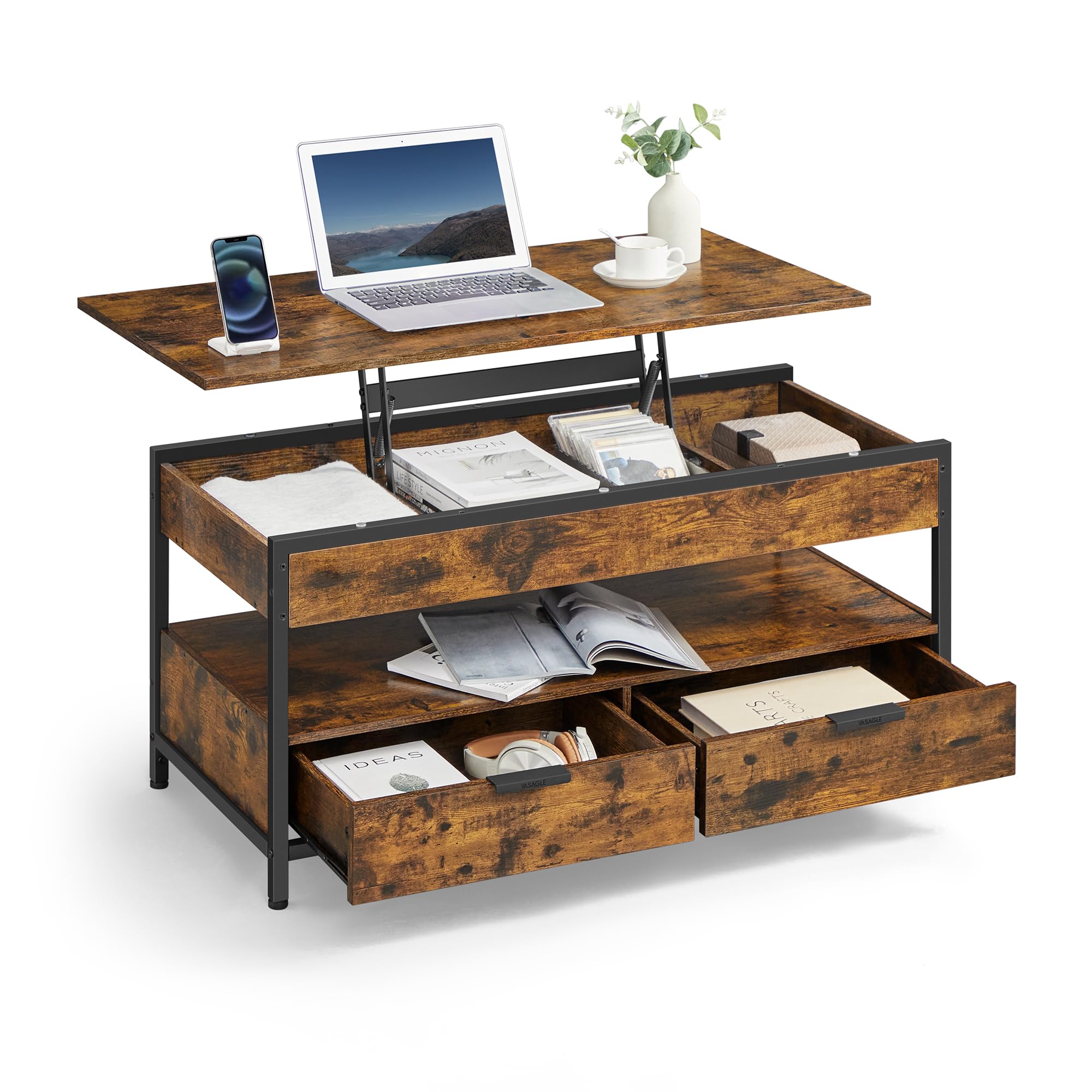 VASAGLE Lift Top Coffee Table - Storage Drawers | Rustic Brown + Ink Black | 100cm Wide
