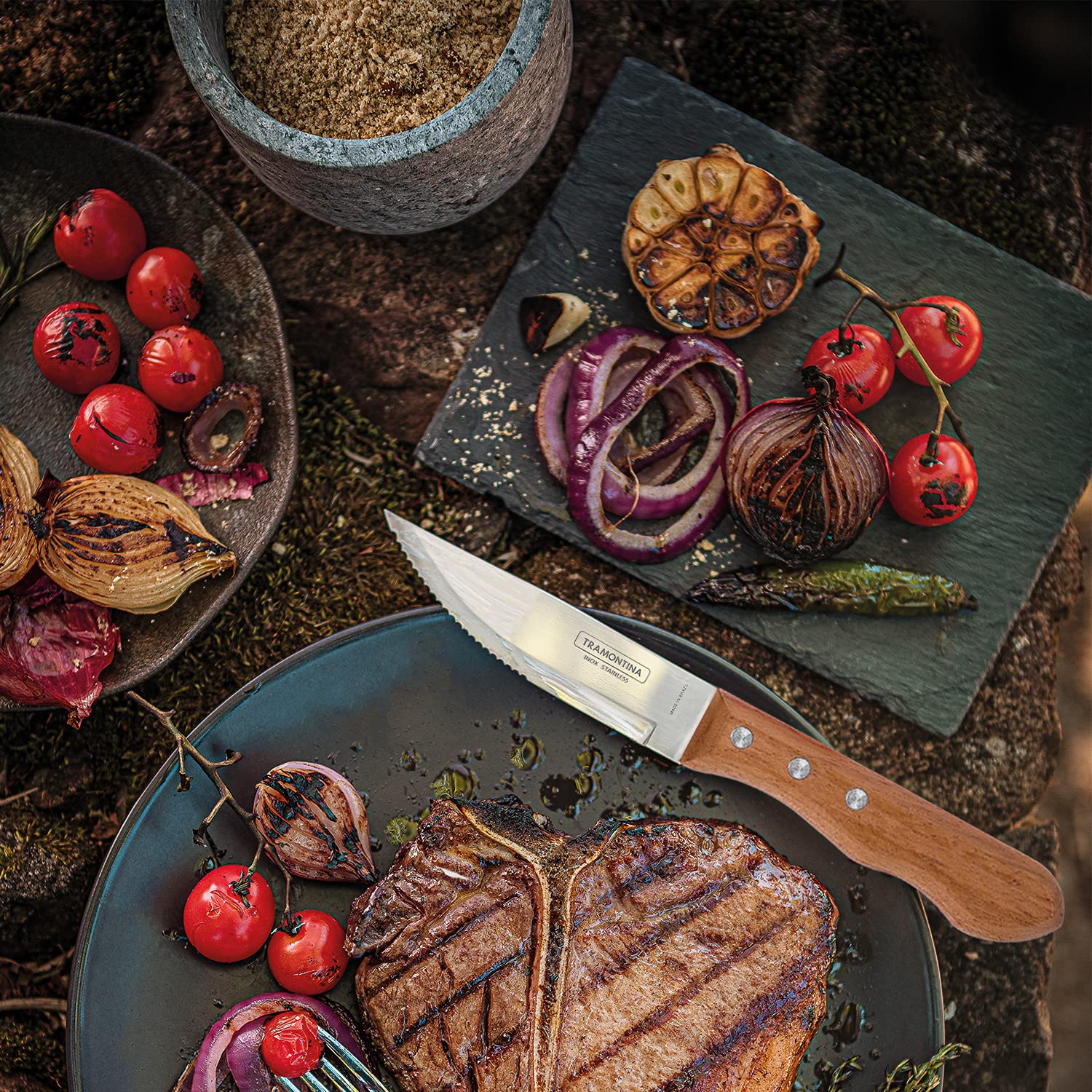 Tramontina Churrasco Collection - 4-Piece Jumbo Steak Knife Set with Serrated Stainless Steel Blades and Natural Wood Handles 4