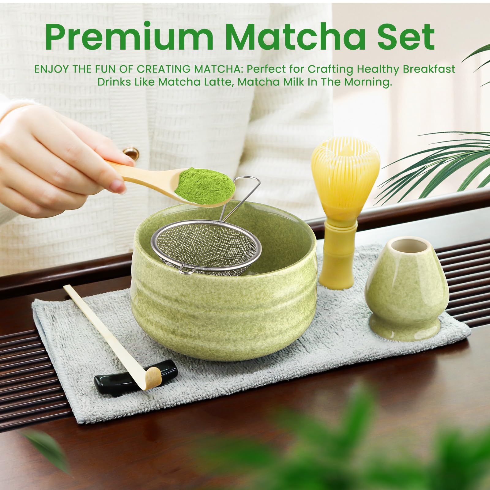 Lafefe 7-Piece Matcha Set - Includes Yellow Resin Whisk, Grey Bowl, Chashaku, and Strainer 3