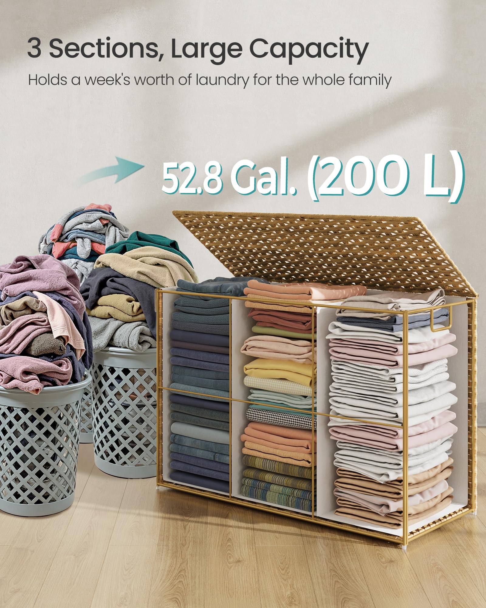 SONGMICS 200L Synthetic Rattan Laundry Basket with Lid, Handles, and Removable Liner | Natural Colour 5
