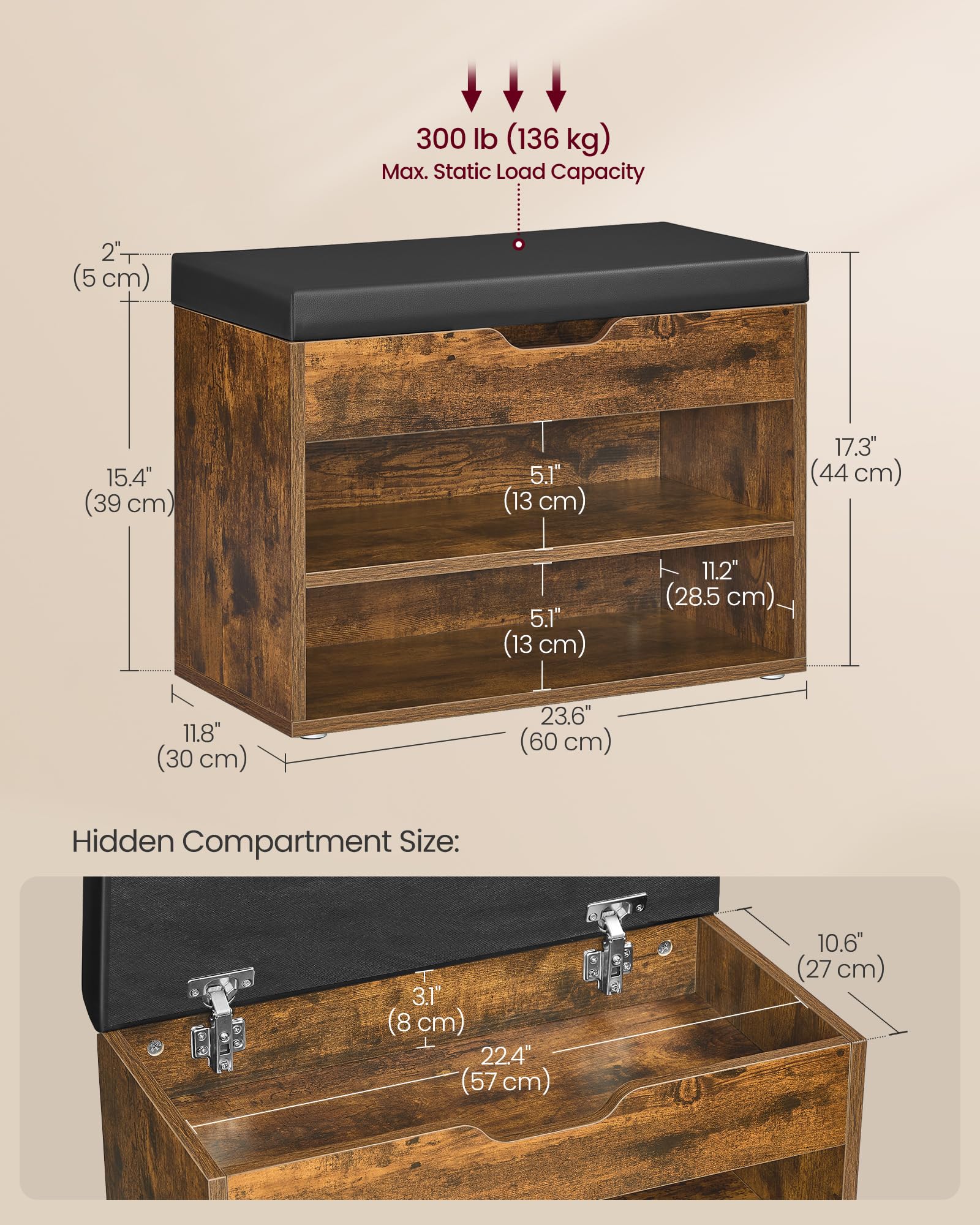 VASAGLE Storage Bench with Padded Seat | 30D x 60W x 44H cm | Rustic Brown 3