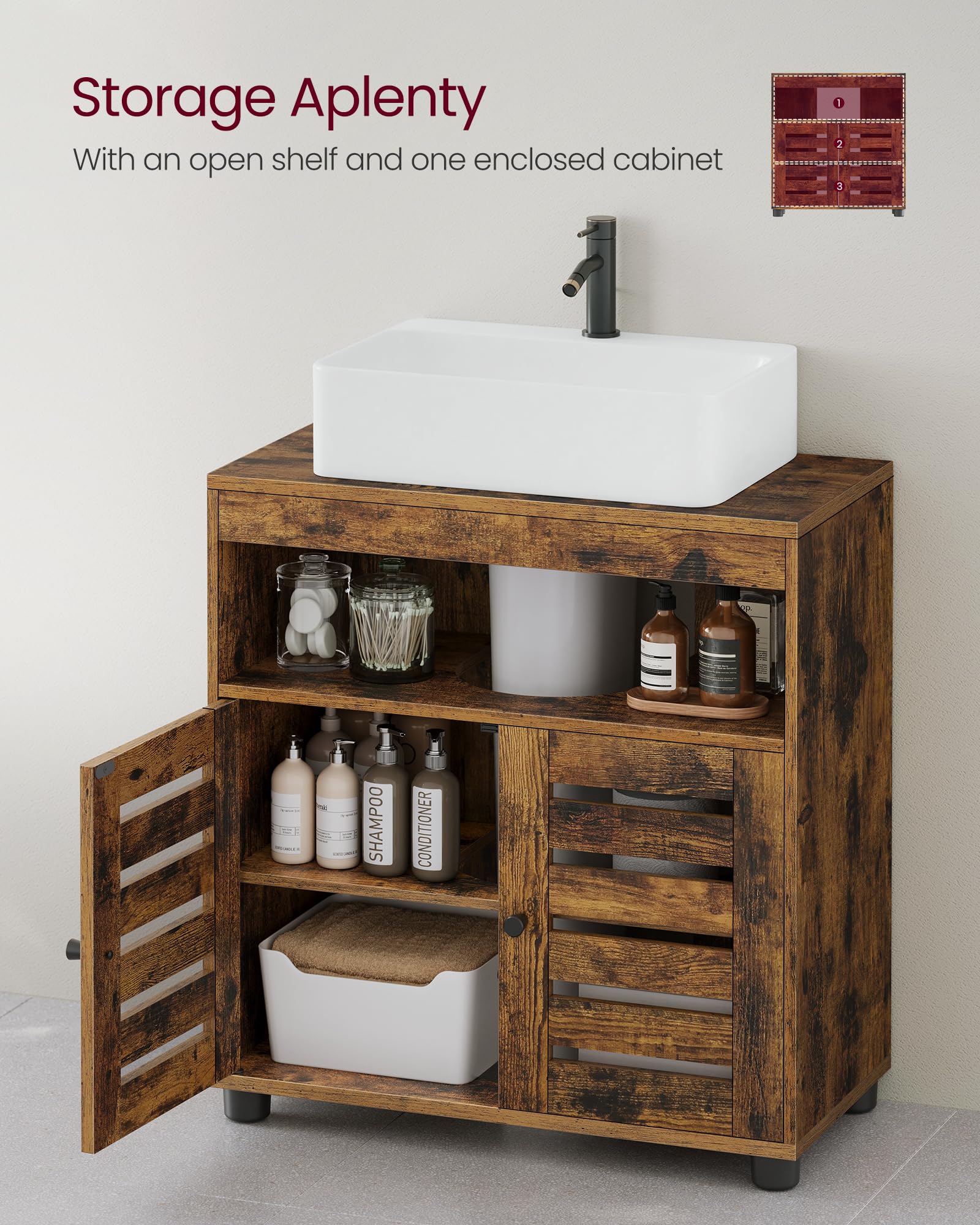 VASAGLE Under Sink Bathroom Cabinet - Rustic Brown | 30x60x64 cm | Adjustable Shelf 6