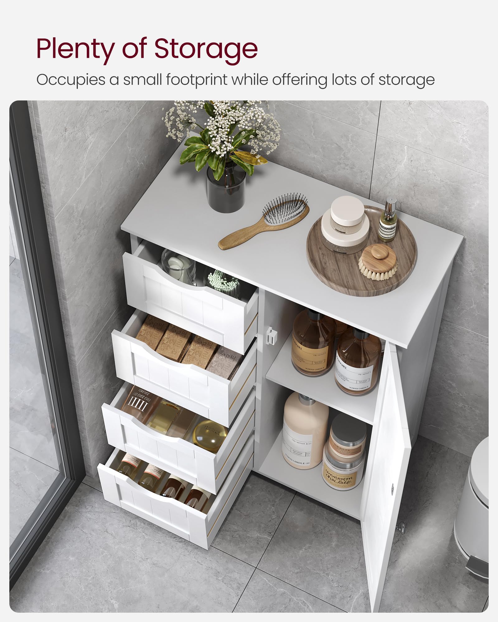 VASAGLE Bathroom Floor Storage Cabinet - 4 Drawers | Adjustable Shelf | Cloud White 4