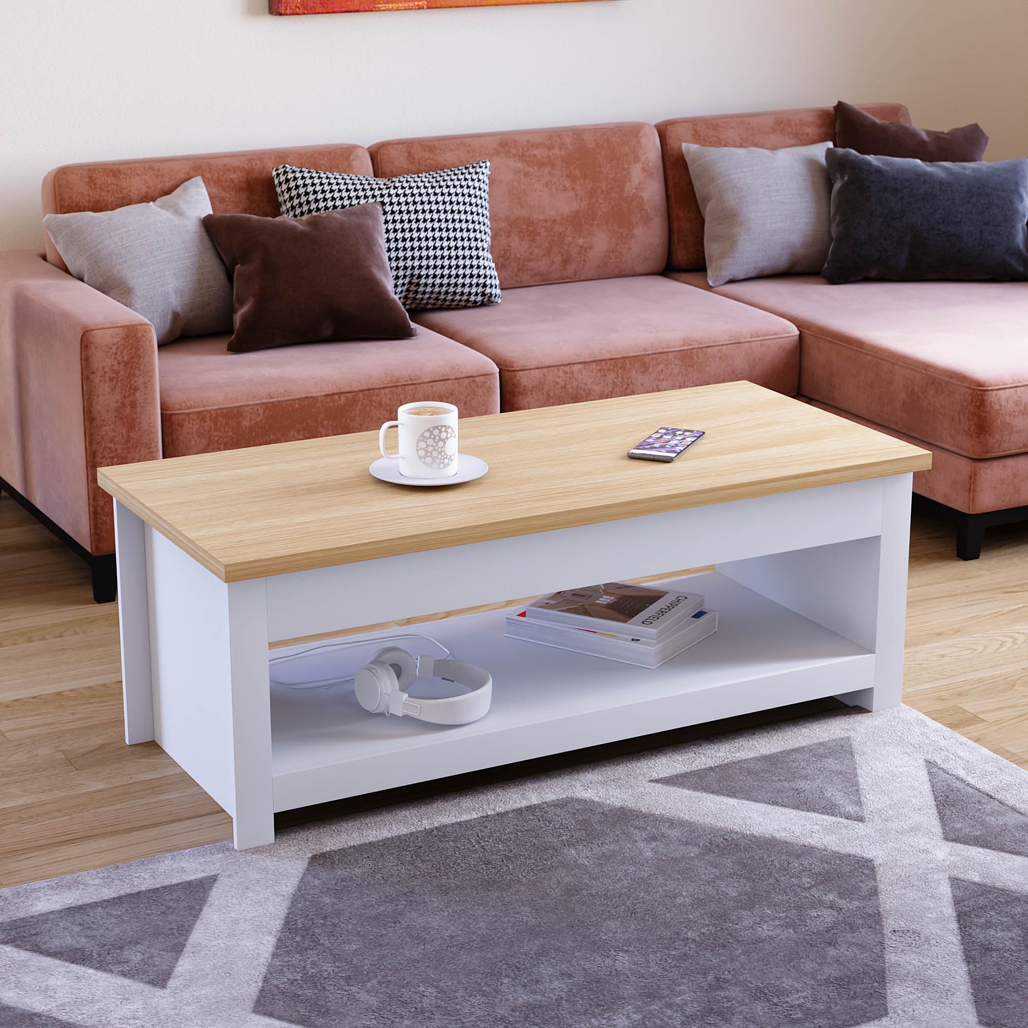 Vida Designs Arlington Coffee Table - Modern Design | 1 Shelf Storage | White & Oak Finish | 105cm Wide 2