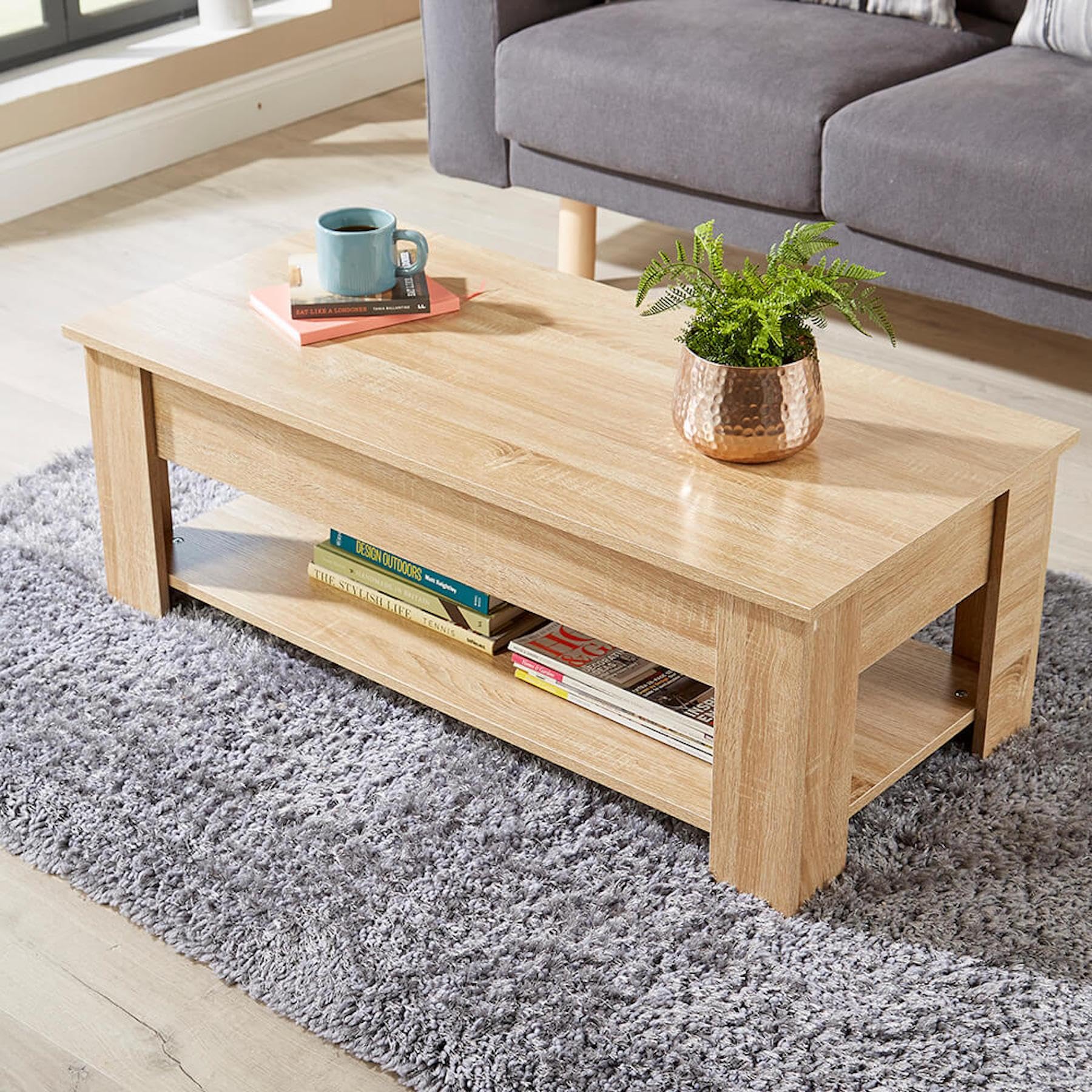 Home Source Modern Coffee Table with Lift Top Storage and Magazine Shelf | Oak Effect | 100cm 4