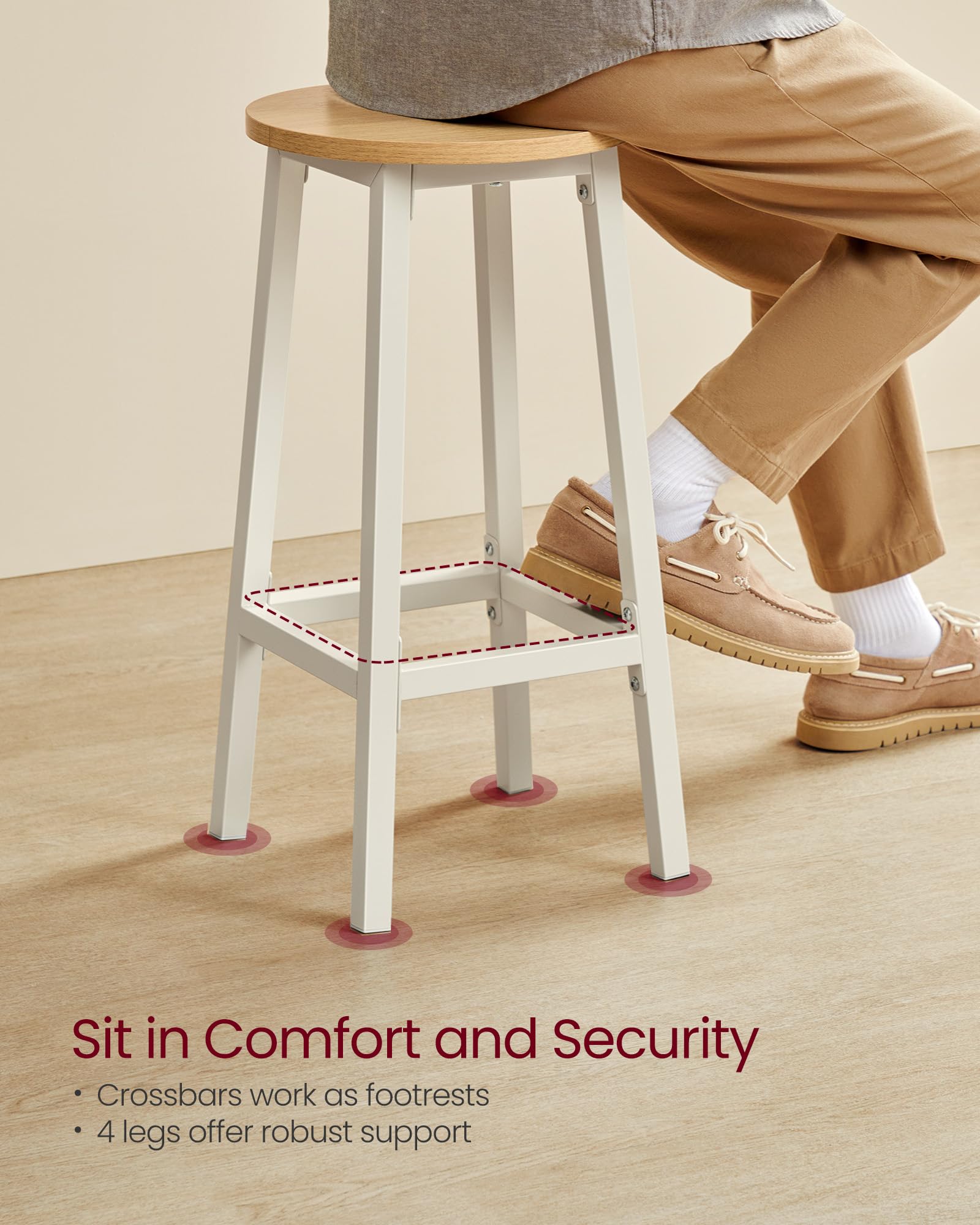 VASAGLE Bar Stools Set of 2 - Classic Beige & White Oak | Metal Frame | Footrest | Easy Assembly 4