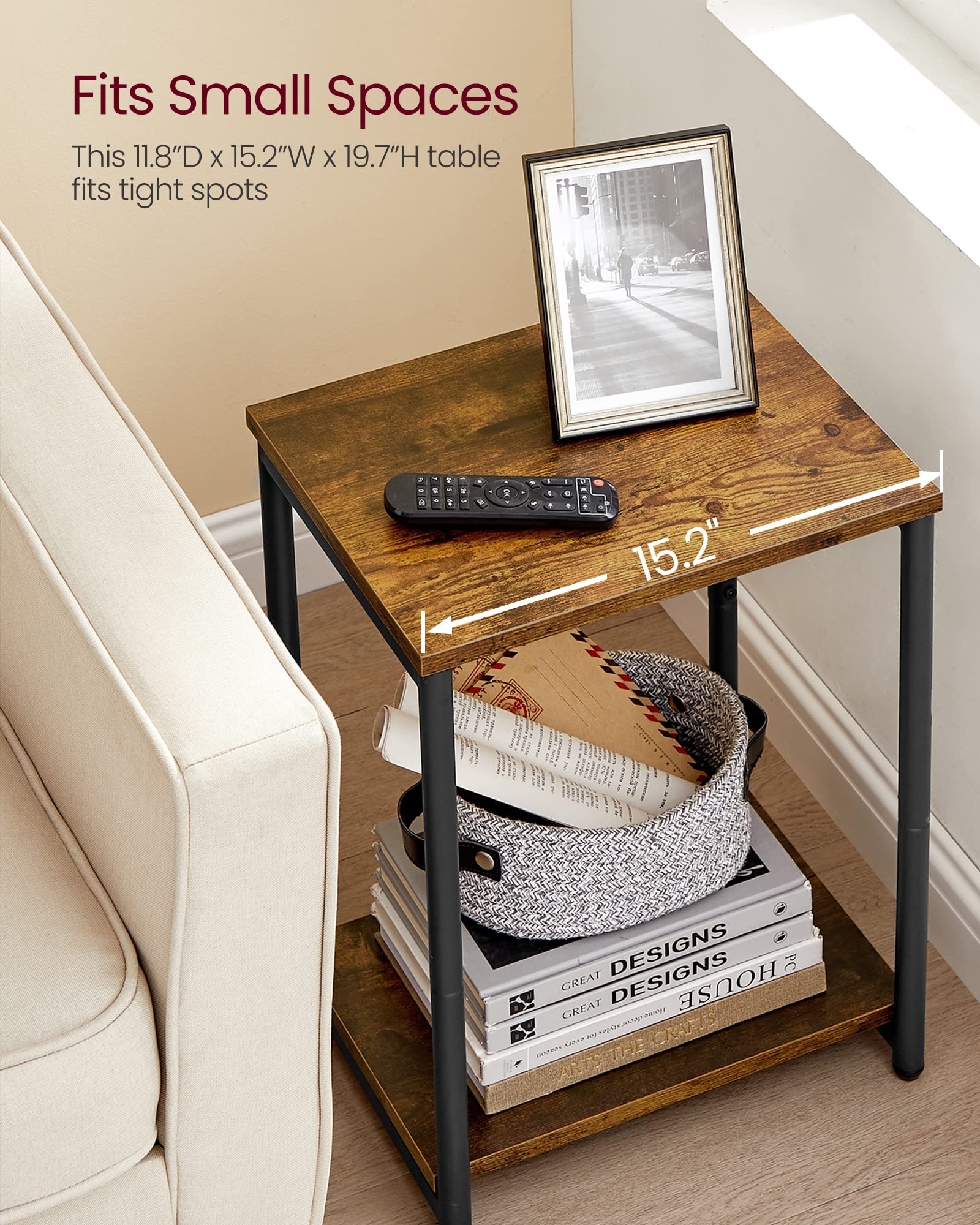 VASAGLE Set of 2 Side Tables - Rustic Brown Shelves & Steel Frame | 30 x 38.5 x 50 cm 7