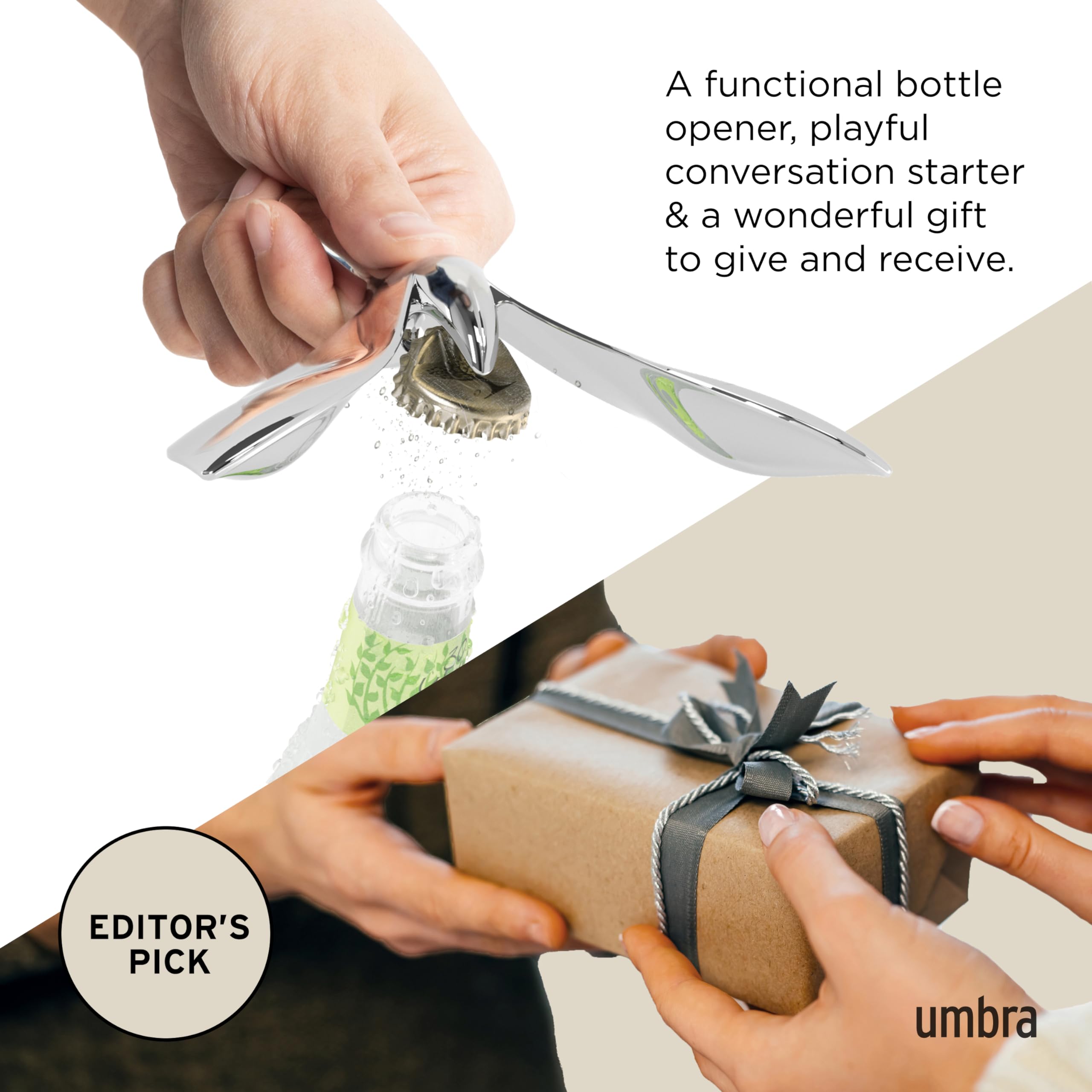 Umbra Tipsy Bottle Opener - Balancing Bird Sculptural Bar Tool | Cast Metal, Chrome Finish 6