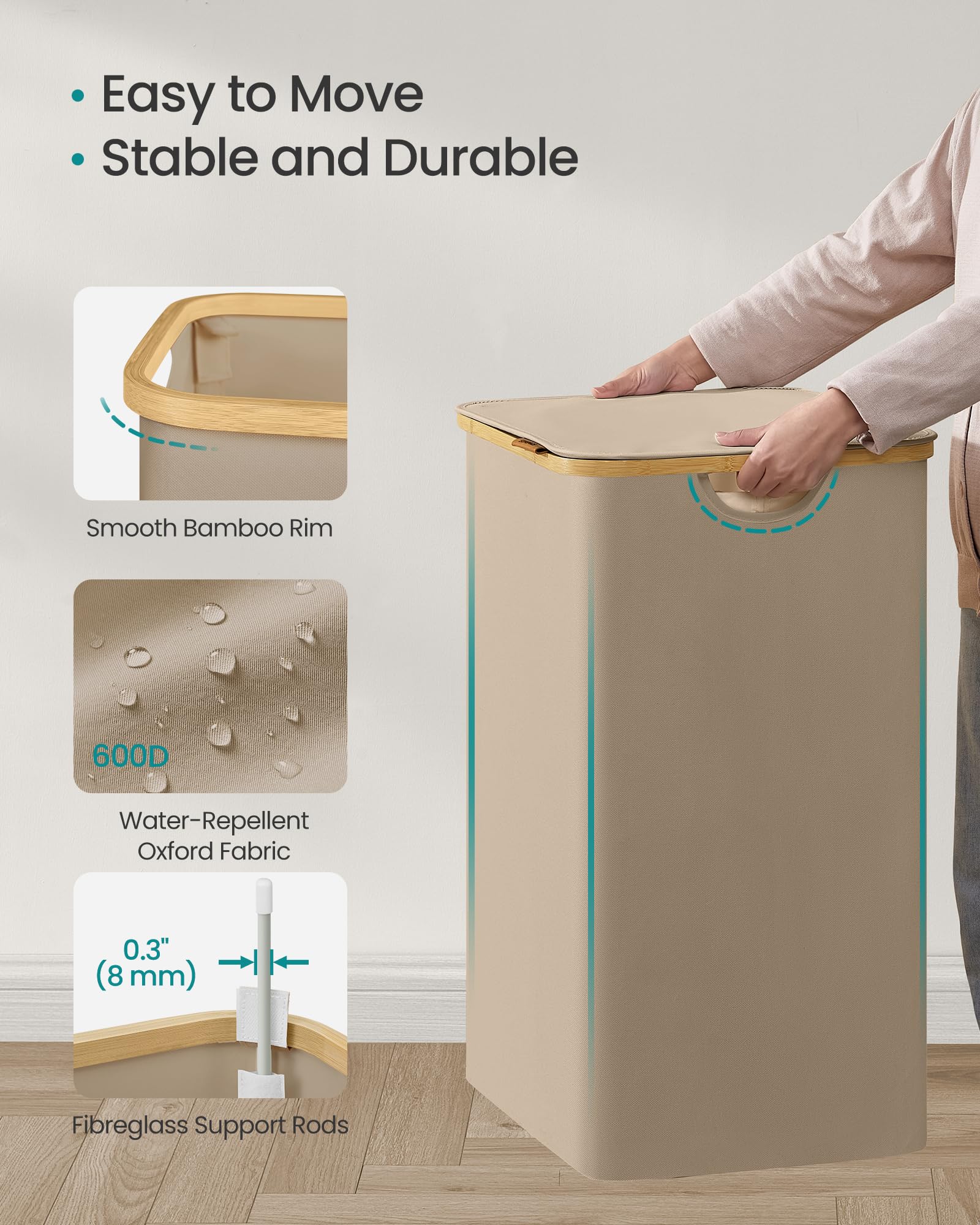SONGMICS 2-Section Laundry Basket with Lid - 130 L Capacity, Collapsible, Camel Brown 7