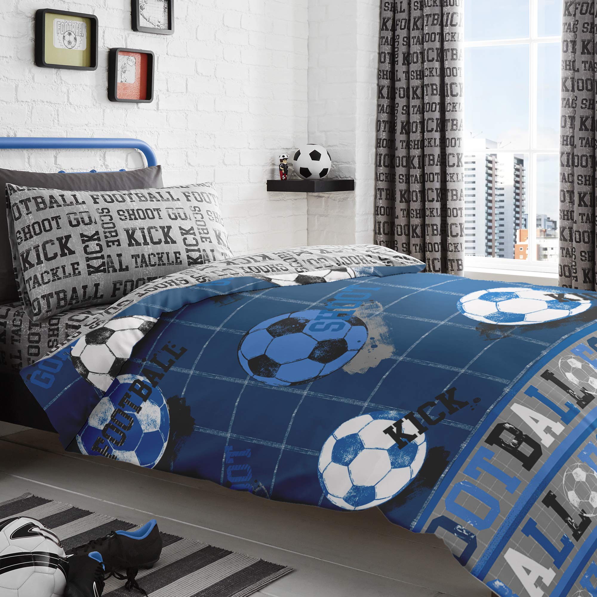 Bedlam Single Duvet Cover Set - Blue Football Theme | 52% Polyester 48% Cotton | W135cm x L200cm 1