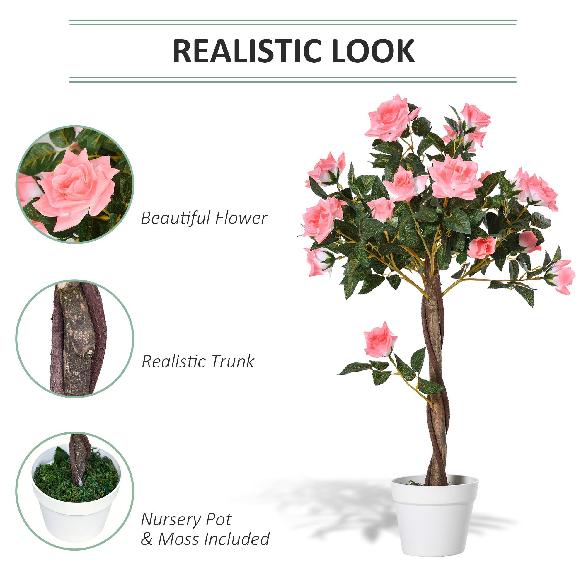 Outsunny 90cm Artificial Rose Tree | UV-Resistant Faux Plant with Pot for Indoor/Outdoor Decor 4