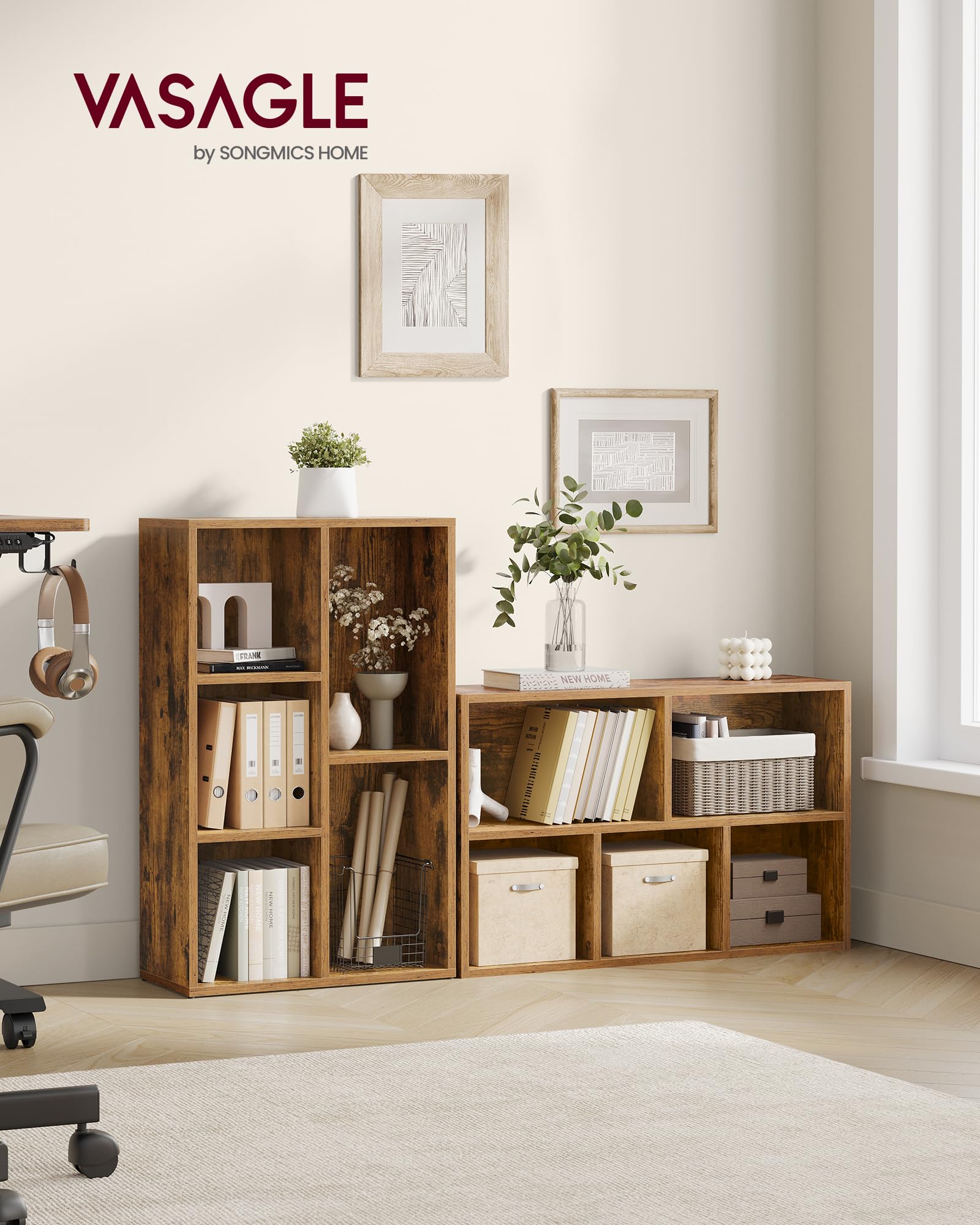 VASAGLE Bookcase Storage Shelf with 5 Compartments | Rustic Brown Engineered Wood | 24x50x80 cm 2