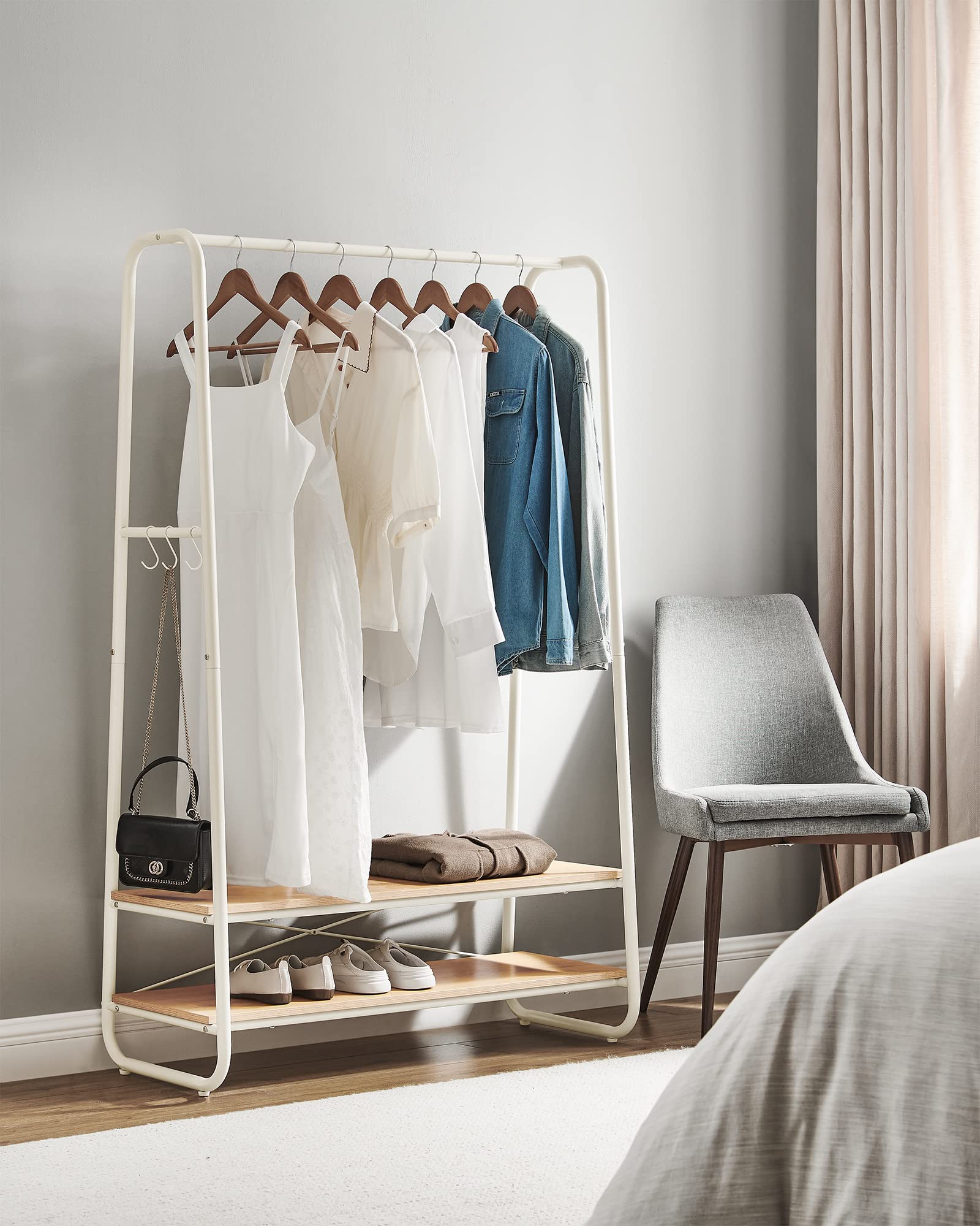 VASAGLE Clothes Rail with 2 Shelves and 6 S-Hooks | Oak + Cream White | 45 x 100 x 160 cm 3