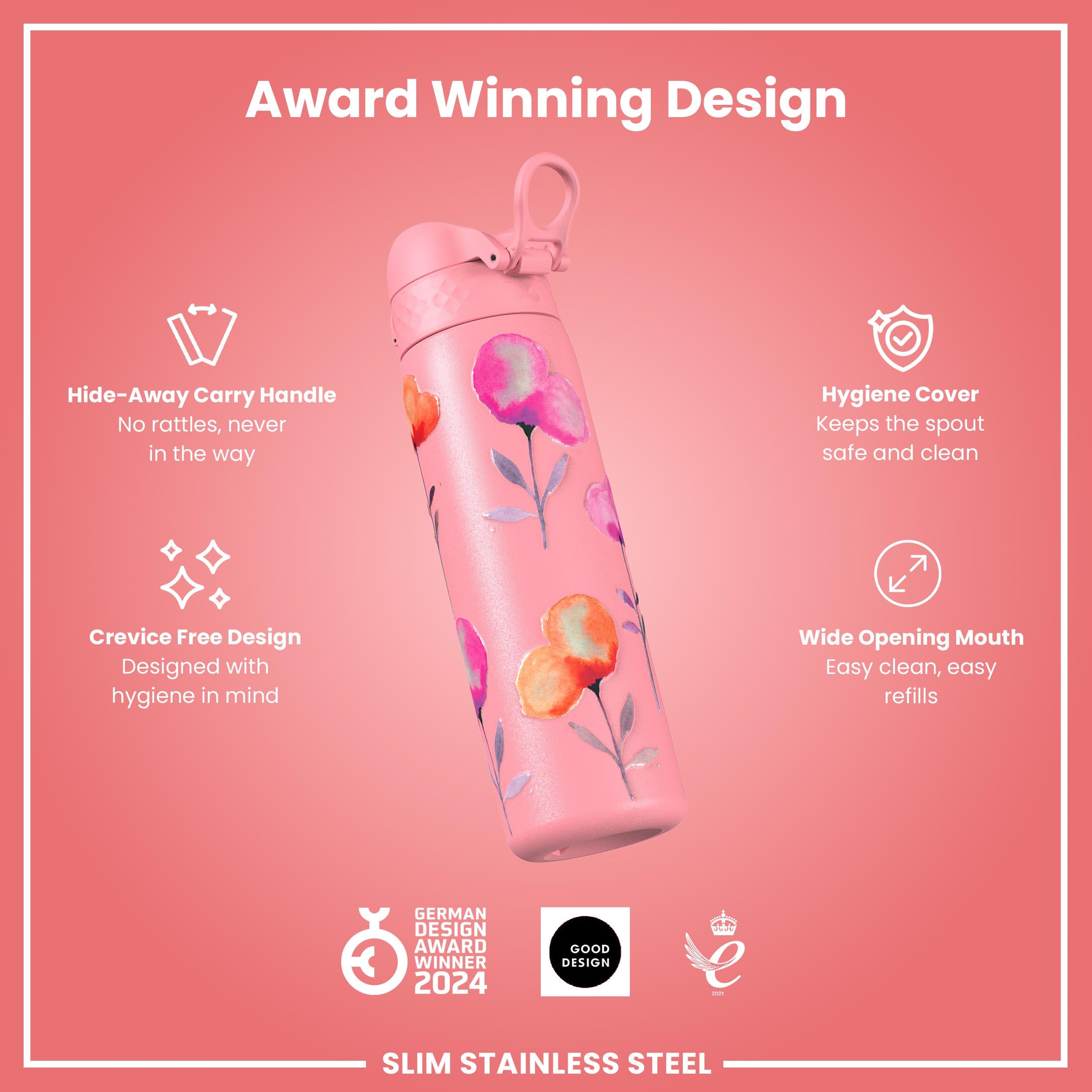 Ion8 Steel Water Bottle - 600 ml | Leak Proof | Flip Top | Flowers 8