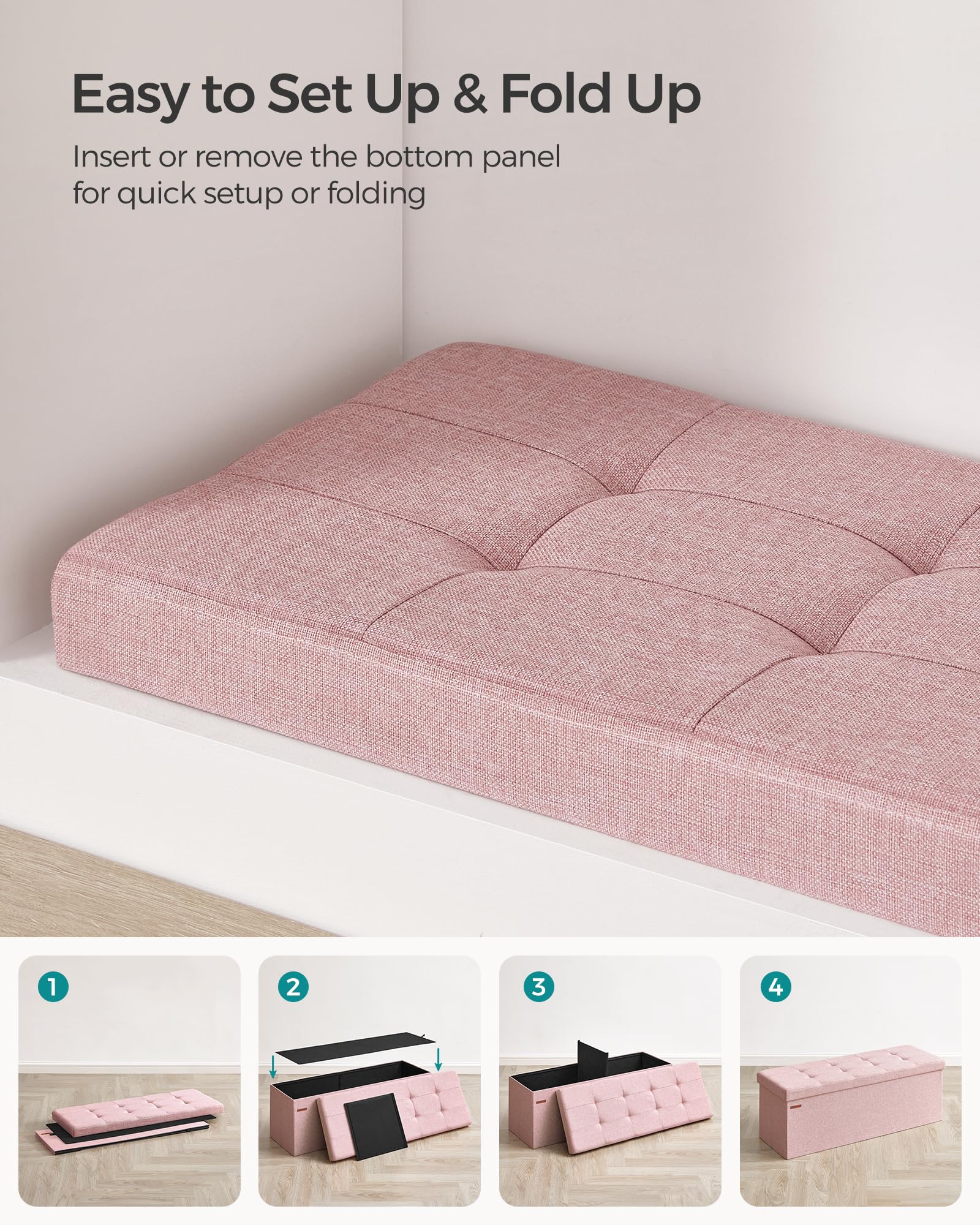 SONGMICS MAZIE Storage Ottoman Bench - 110 cm Folding Foot Rest | 131L Capacity | Jelly Pink 7