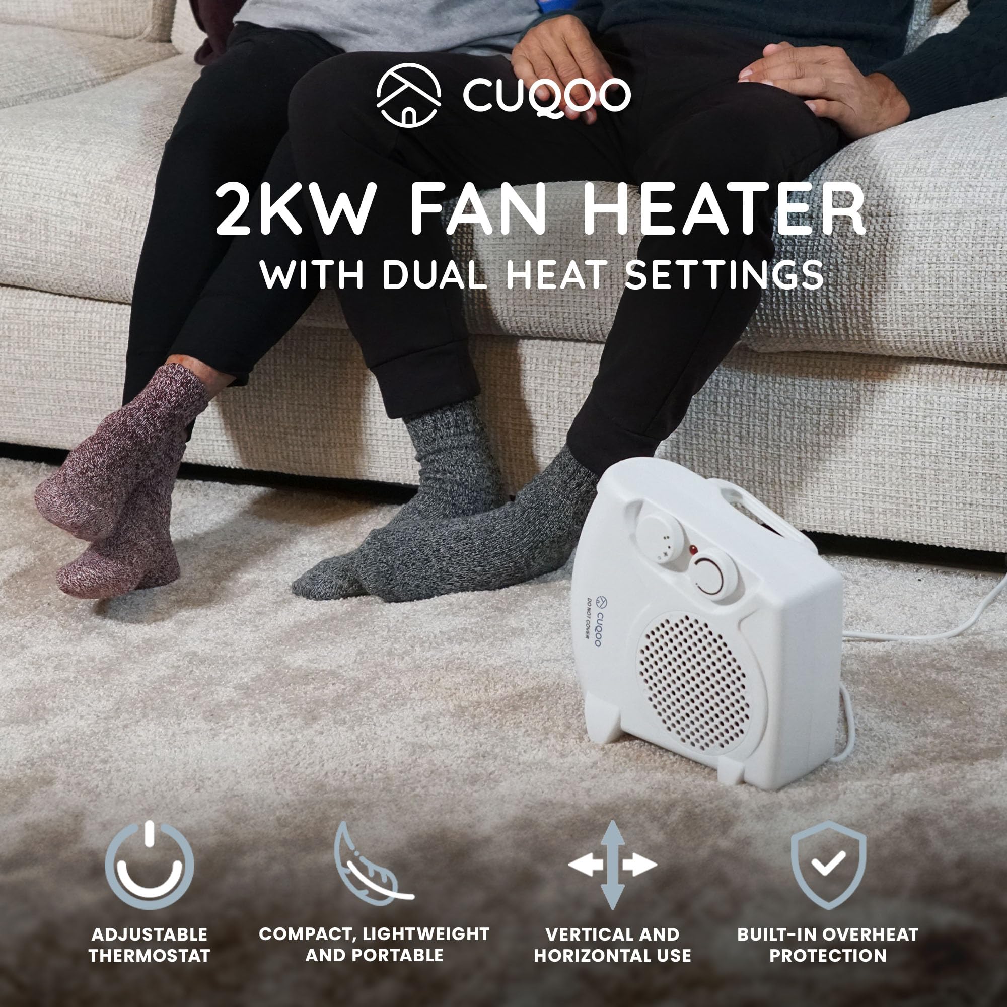 CUQOO 2KW Electric Fan Heater - 2 Heat Settings (1000W/2000W) & Cool Function | White Upright 2