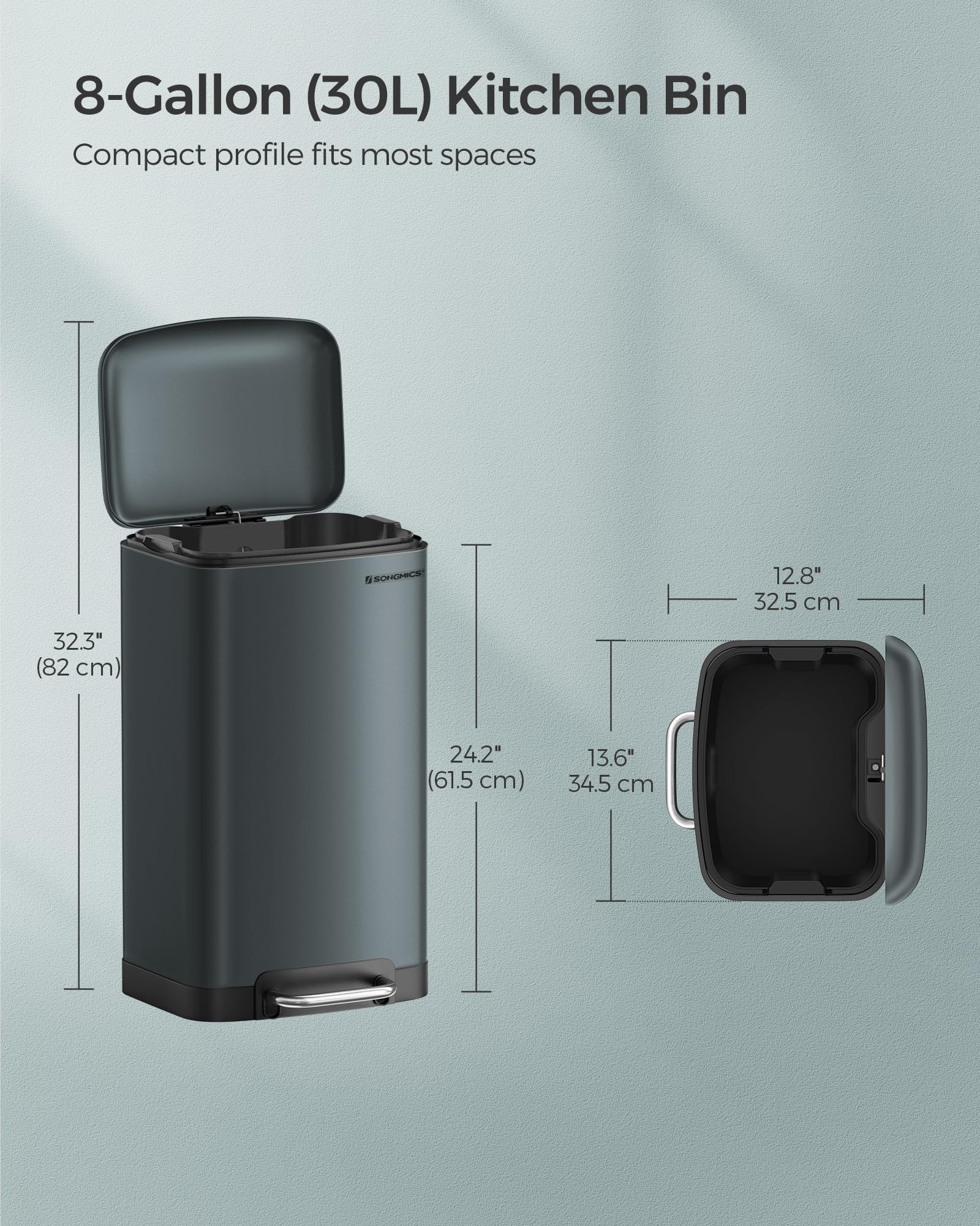 SONGMICS Kitchen Bin - 8 Gallon (30L) Steel Pedal Bin with Soft Close Lid | Greenish-Grey 6