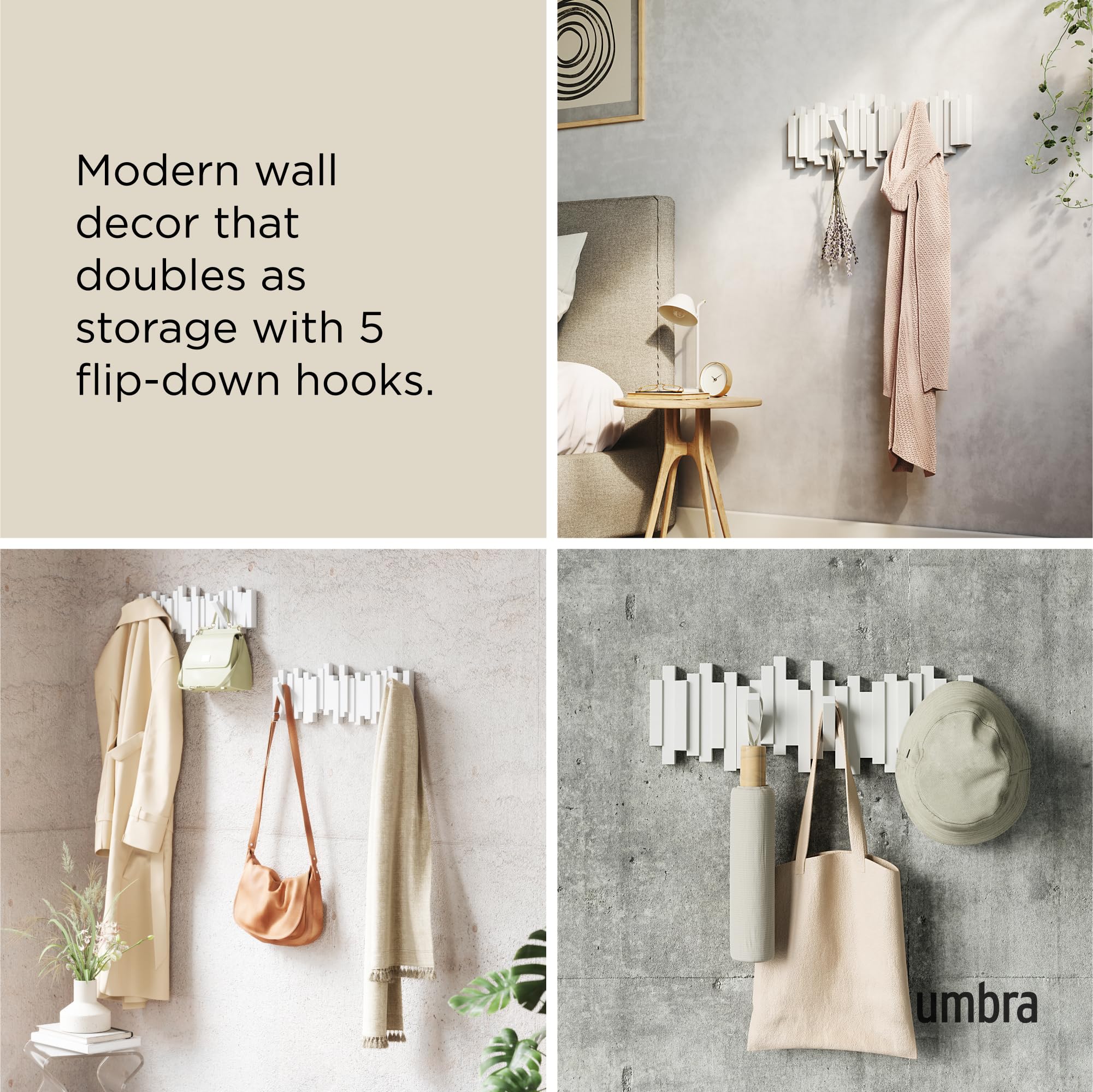 Umbra Sticks Wall-Mounted Coat Rack - 5 Retractable Pegs | Modern Design | White Plastic 4