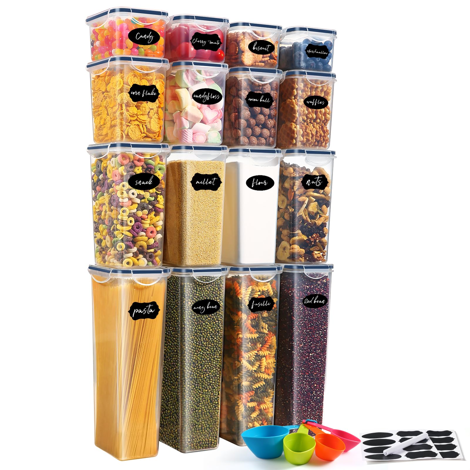 YASHE Airtight Food Storage Containers Set of 16, Plastic, BPA Free, Stackable for Kitchen & Pantry Organization