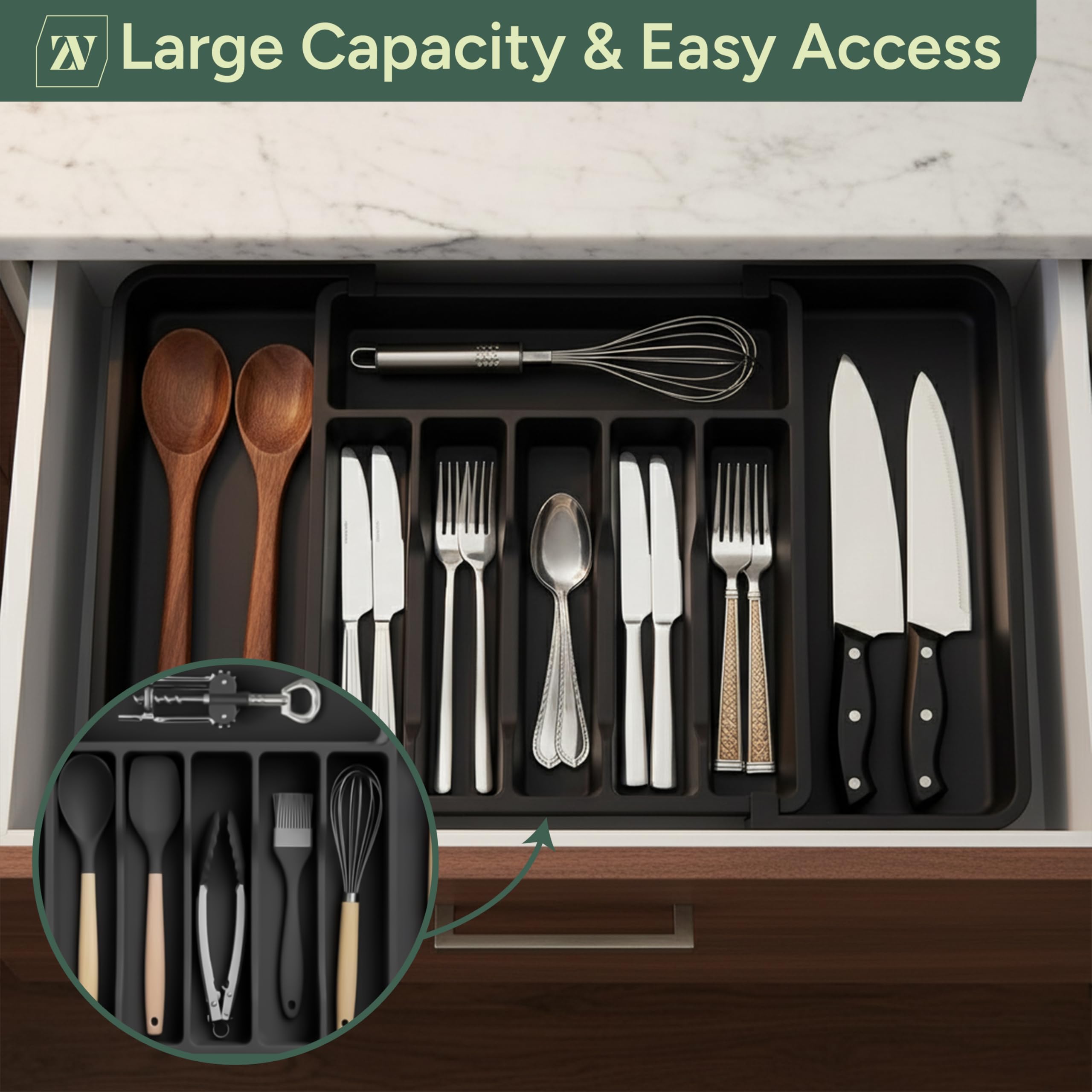 Zuvo Expandable Plastic Cutlery Tray Organiser - Black | 570x380x50mm | Premium Durable Storage 3
