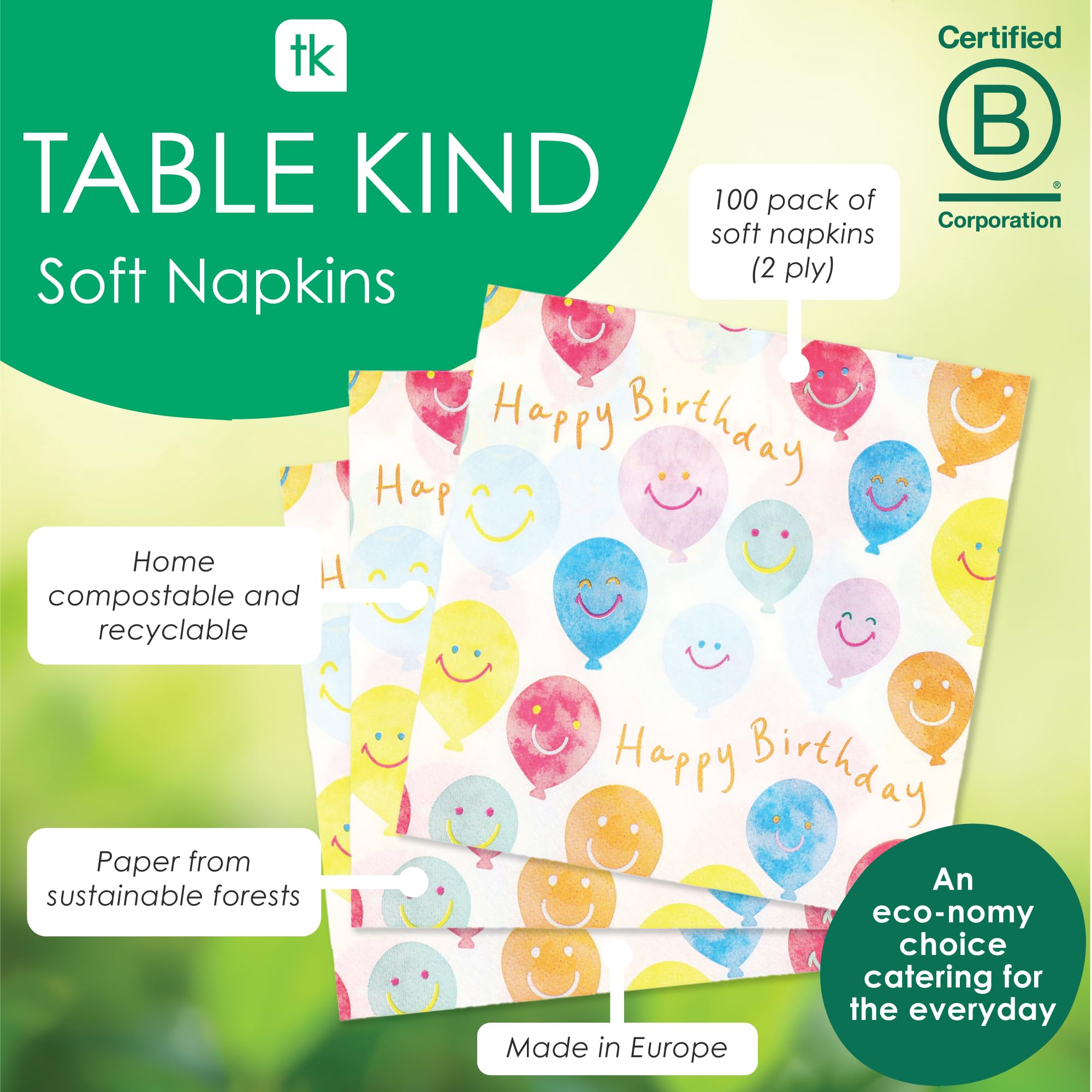 Talking Tables Table Kind Happy Birthday Paper Napkins - 100 Pack, 2-Ply, 33cm | Eco-Friendly 2