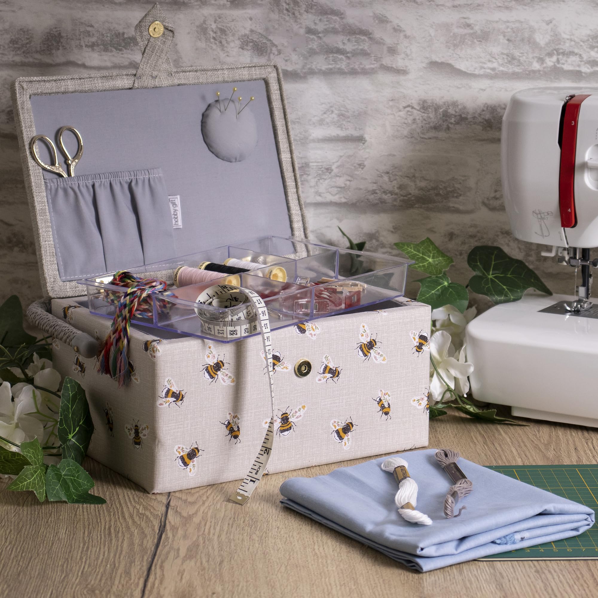 Hobby Gift Medium Sewing Basket - Embroidered Bee | Wood/Fabric | Includes Tray & Pincushion 7