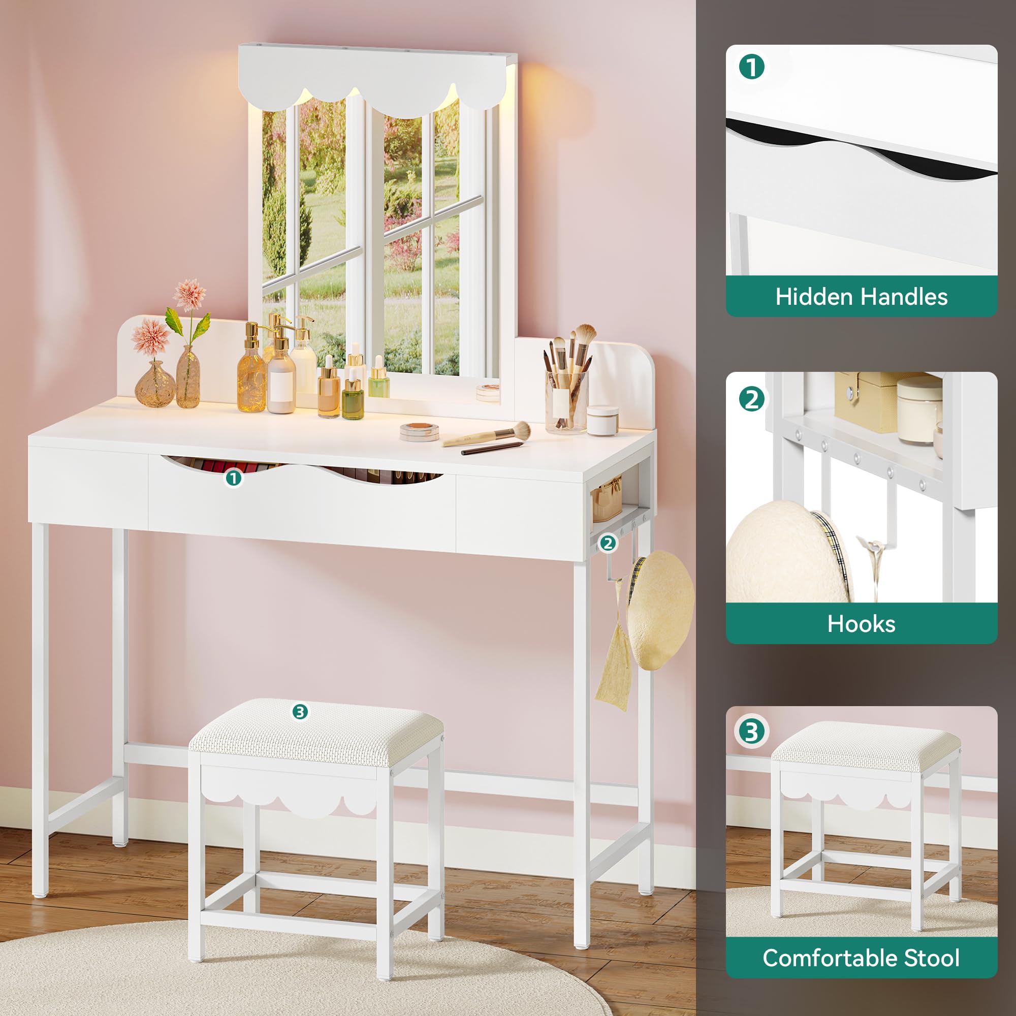 YITAHOME Cloud-Shaped Dressing Table with 3-Color LED Mirror & Stool | White Engineered Wood 4