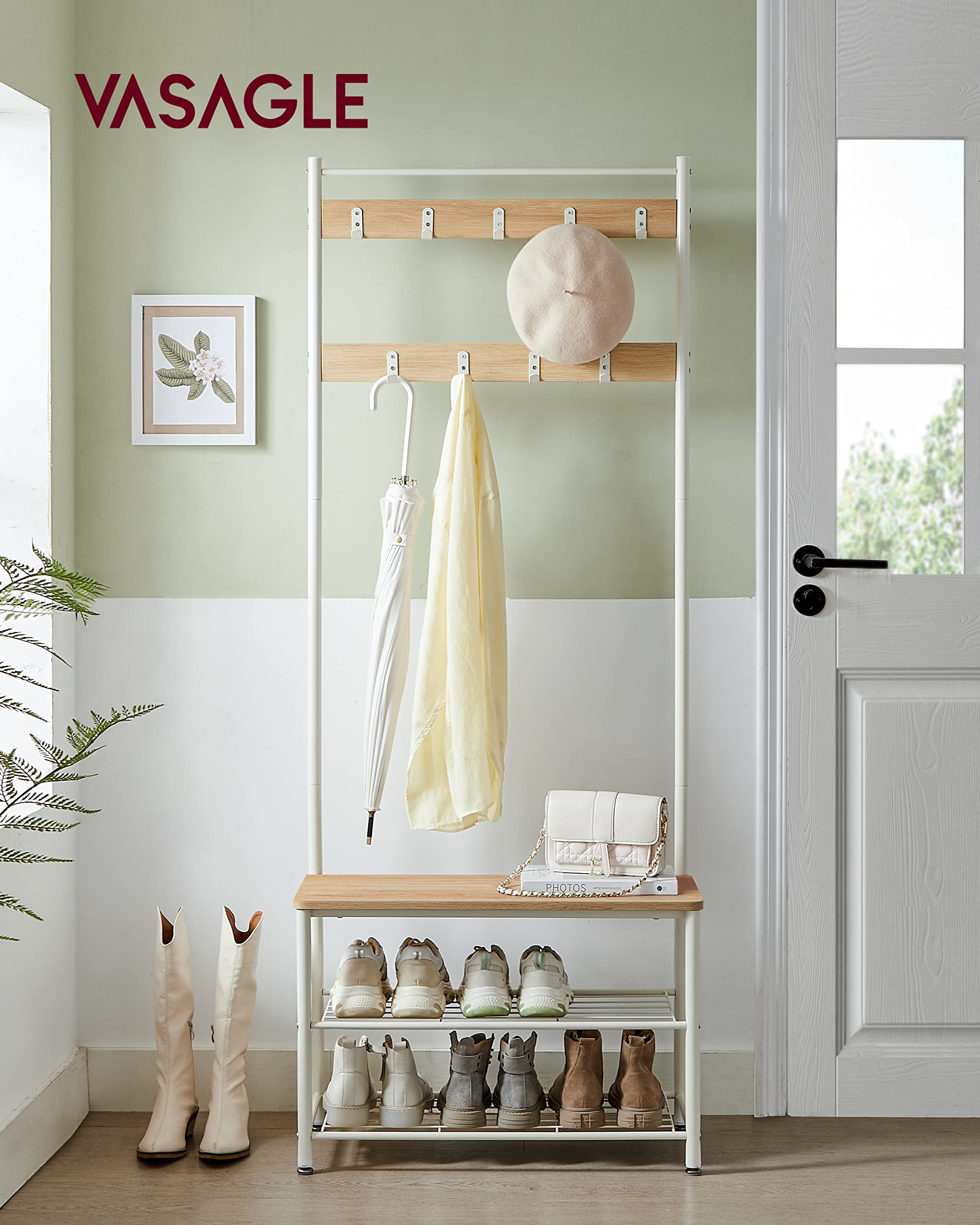 VASAGLE 3-in-1 Coat Rack with Shoe Bench and Shelf | Steel Frame | Colour Oak + Cream