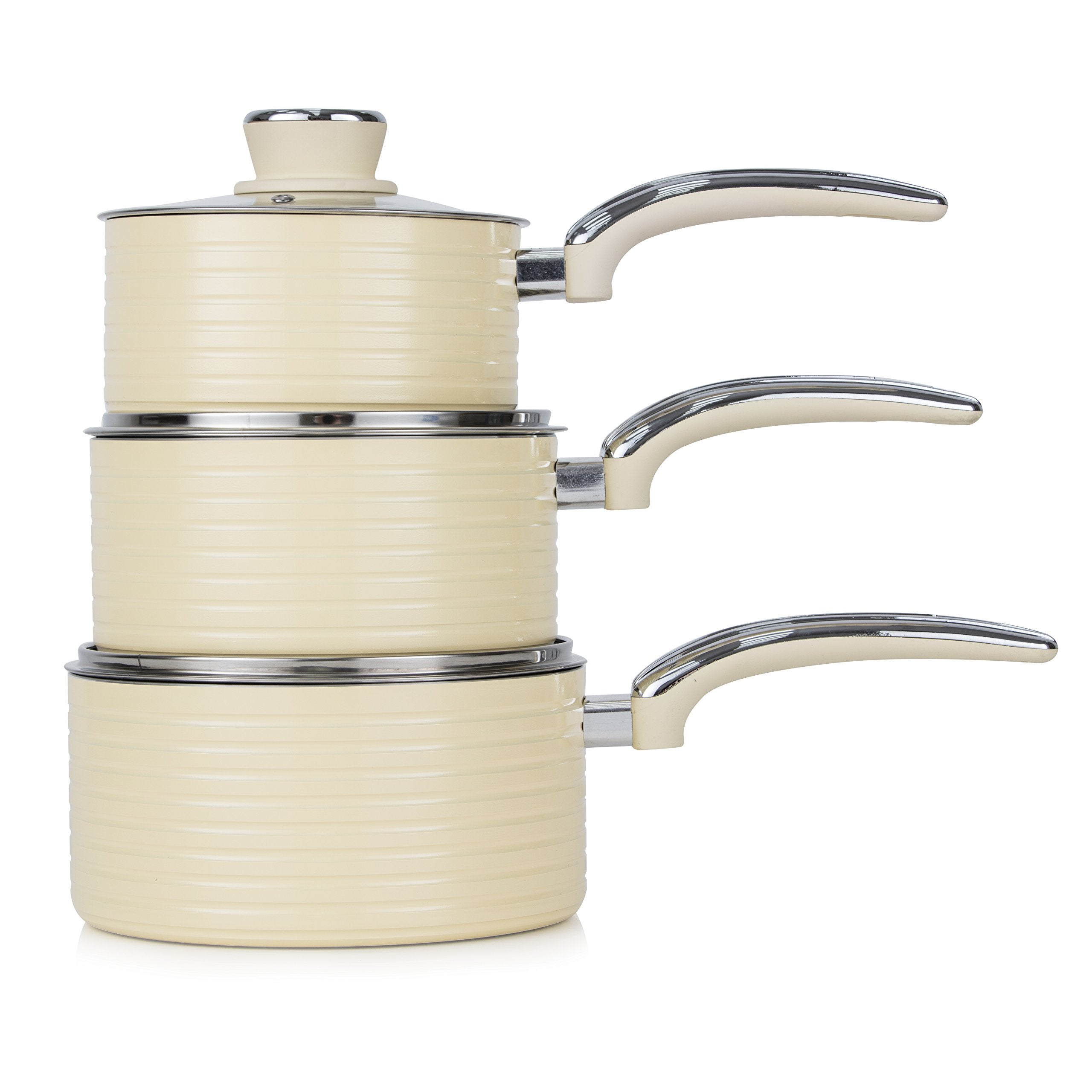 Swan Retro Induction Saucepan Set - 3 Piece (16/18/20cm) | Ceramic Non-Stick | Cream 3