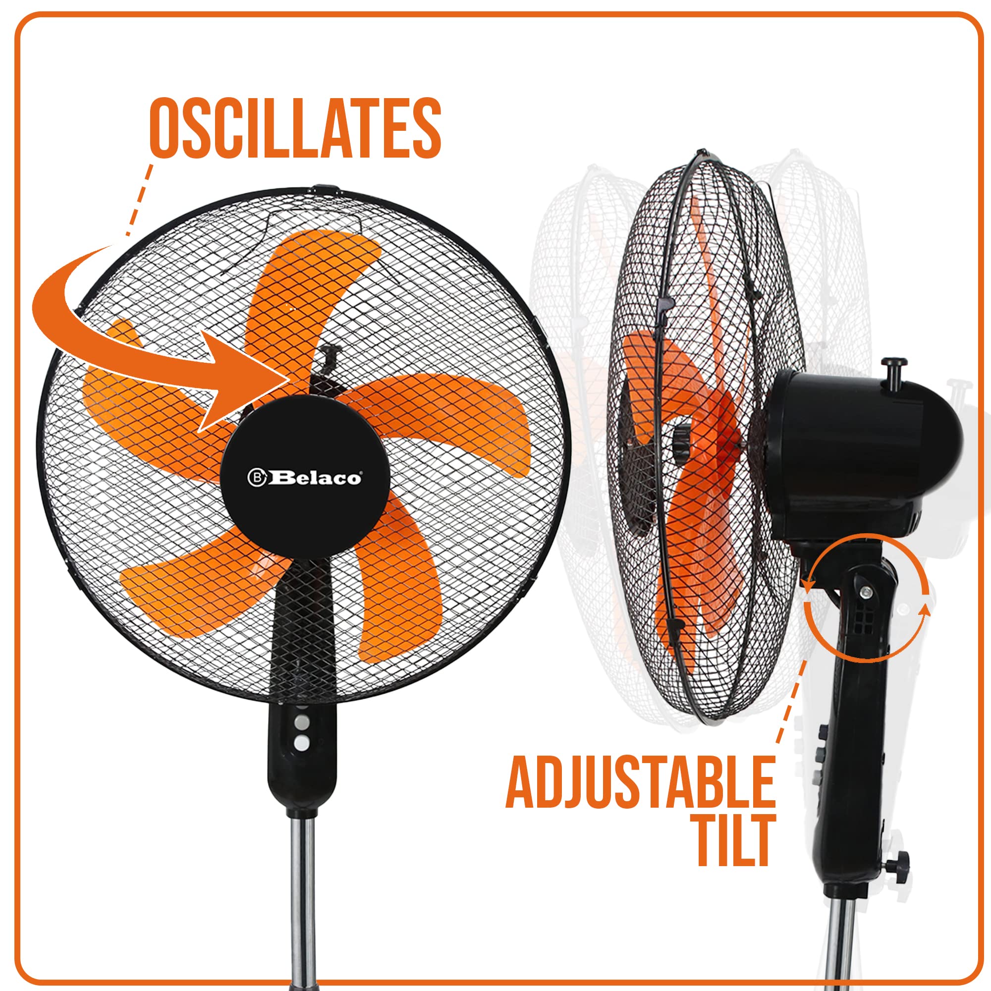 Belaco 16-inch Pedestal Fan - 40W Power, 3 Speeds, 85° Oscillation | Black Plastic 5