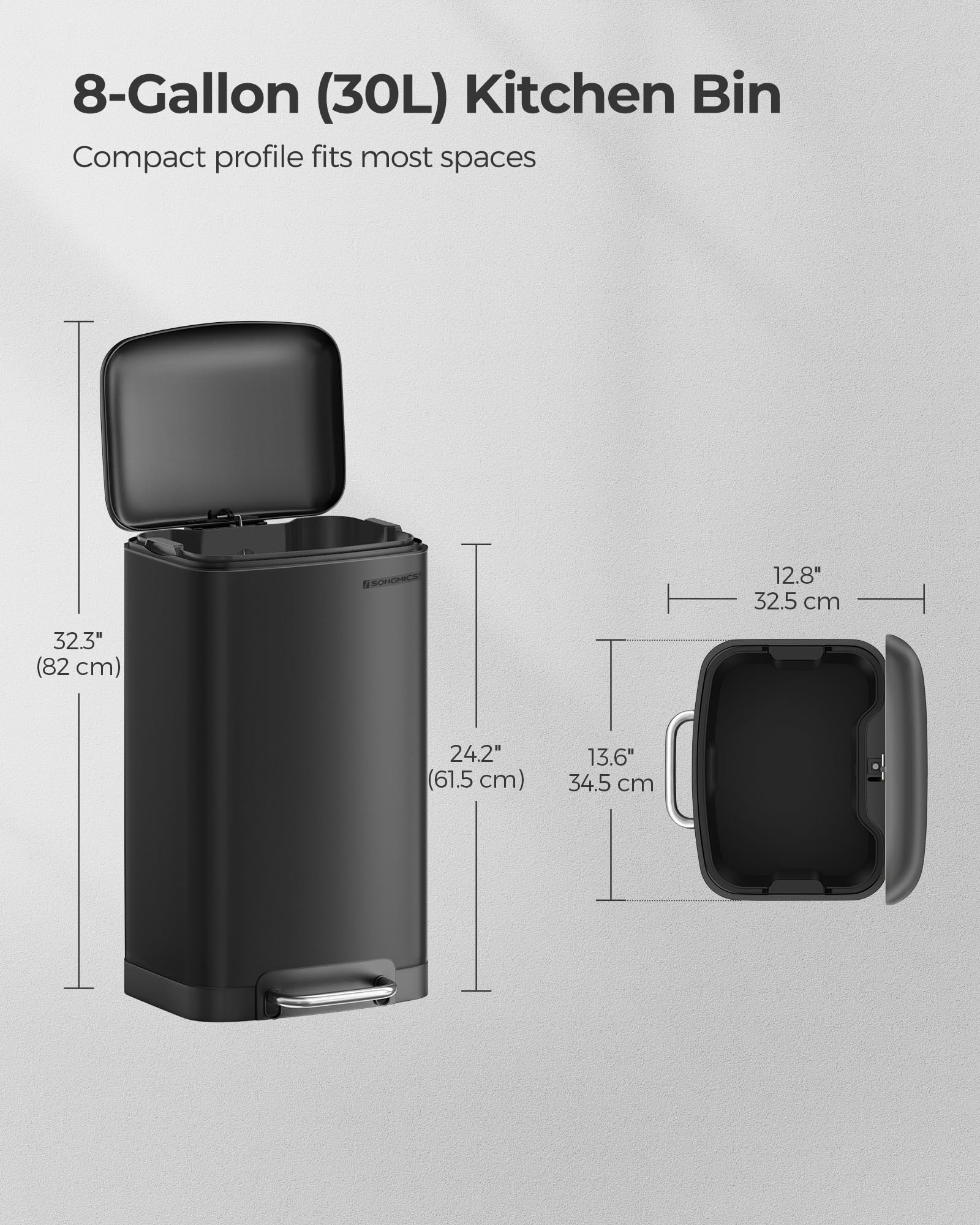 SONGMICS Kitchen Bin - 8 Gallon (30L) Steel Pedal Bin with Soft Close Lid | Black LTB01BK 6