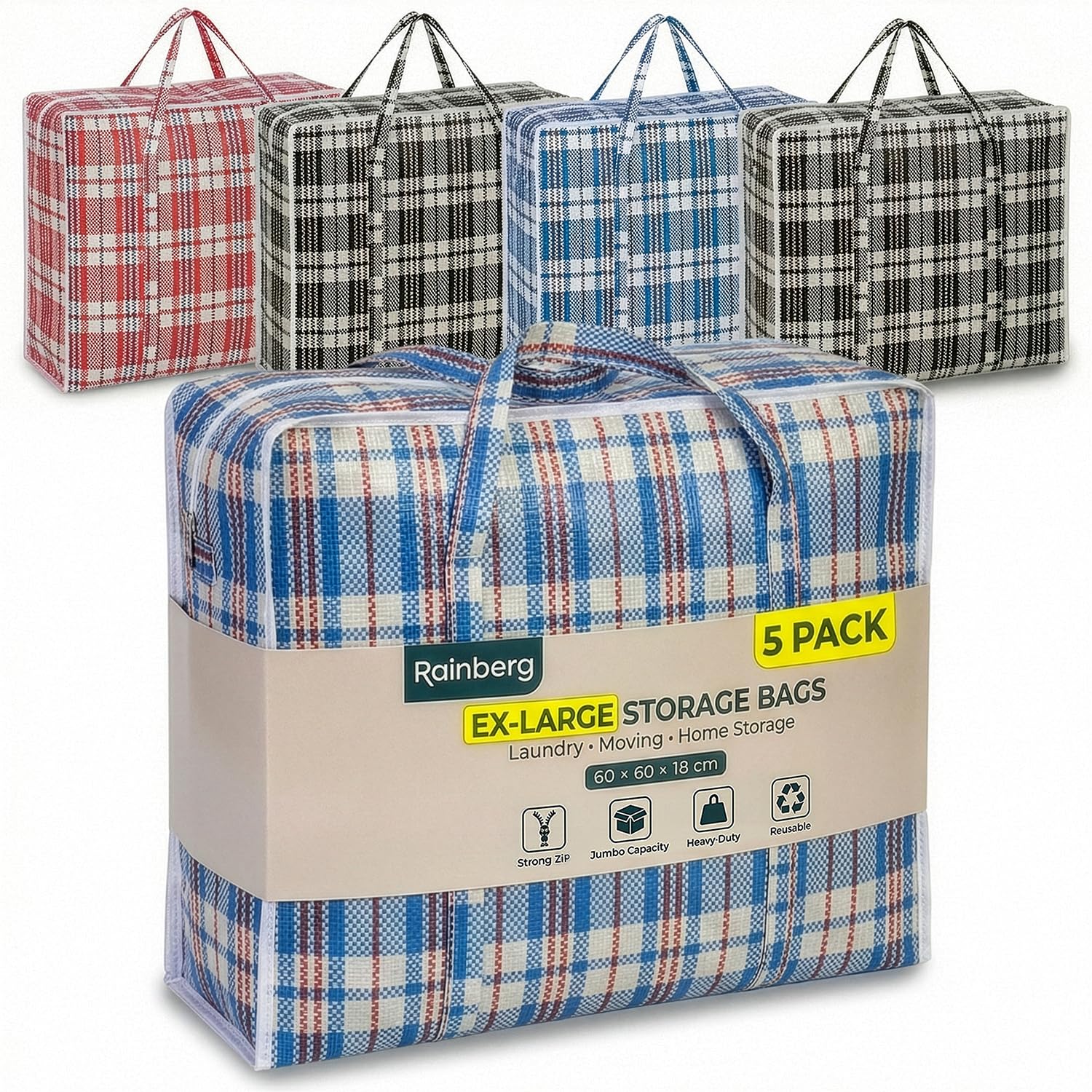 Rainberg 5 Pack Extra Large Storage Bags - 60x60cm, Heavy Duty Polypropylene, Water Resistant 1