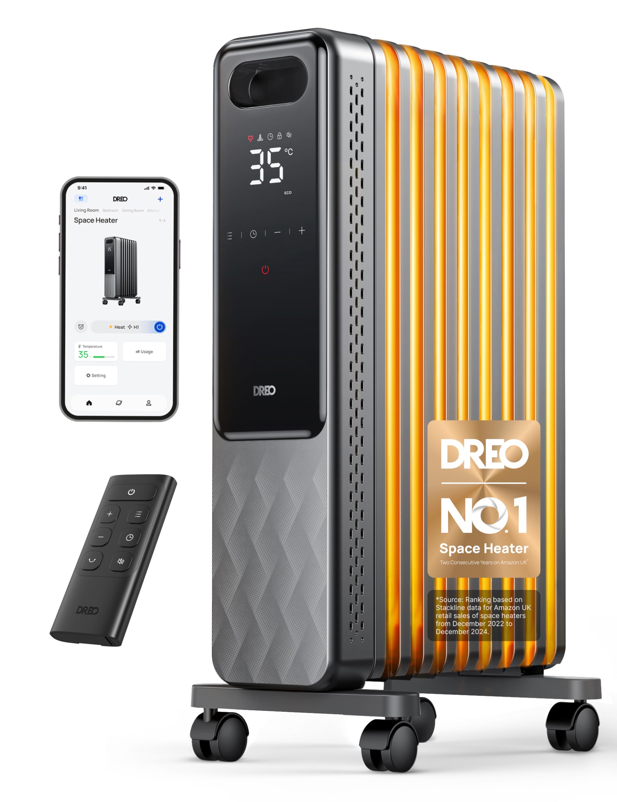 Dreo Smart 9 Fins Oil Filled Radiator Heater, 2000W Silent Electric Heater with WiFi Control | Grey