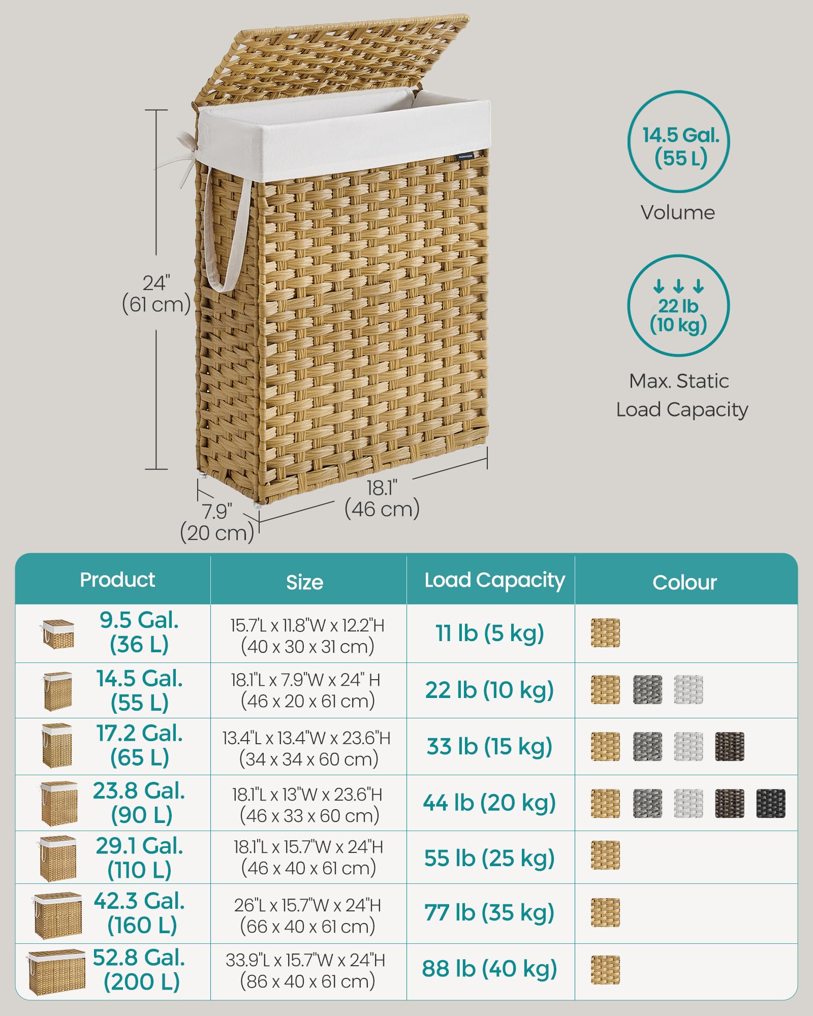 SONGMICS Slim Laundry Basket - 55L Synthetic Rattan Storage with Lid & Handles | Foldable | Goose Yellow 6