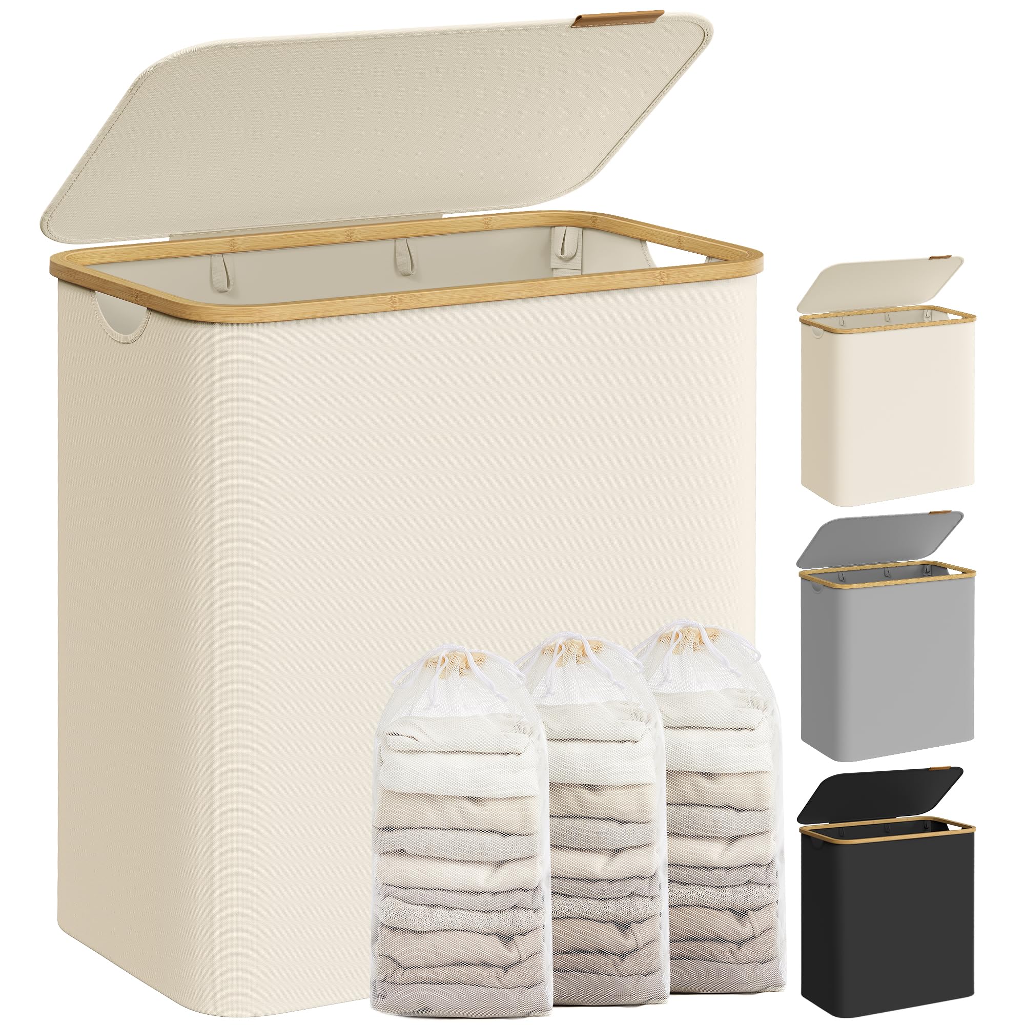 SONGMICS 3-Section Large Laundry Hamper with Lid, 150L Capacity, Collapsible, Cream White