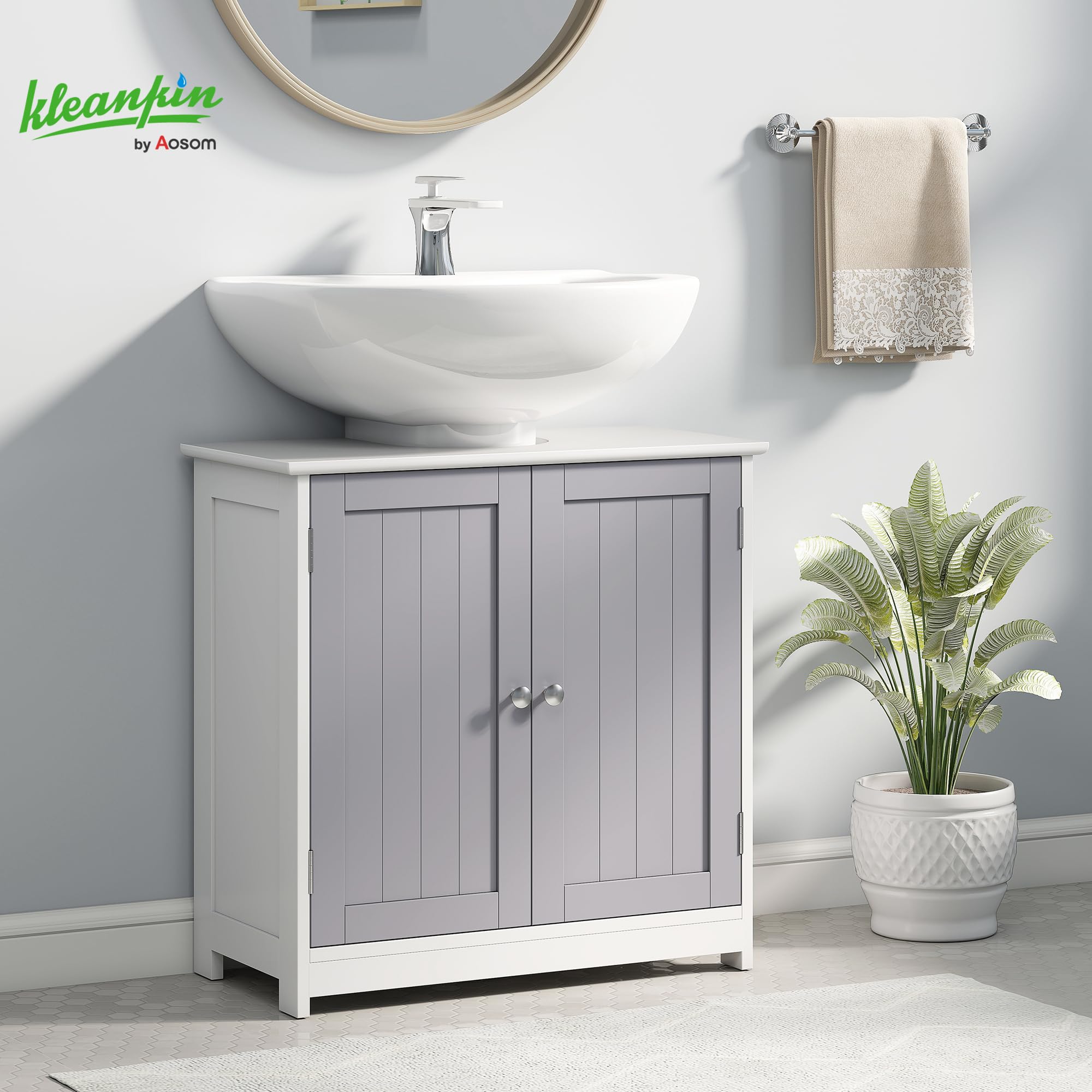 kleankin Freestanding Under Sink Bathroom Cabinet - 60H x 60L x 30Wcm | MDF | White/Grey 2