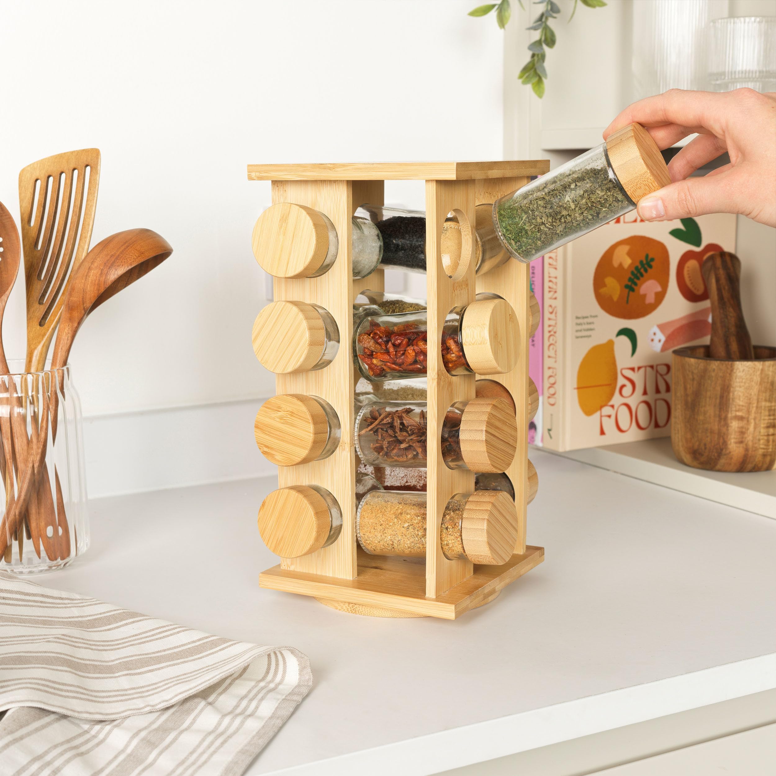 Salter Rotating Bamboo Spice Rack - 16 Jars Included | Countertop Storage | Bamboo Material 4