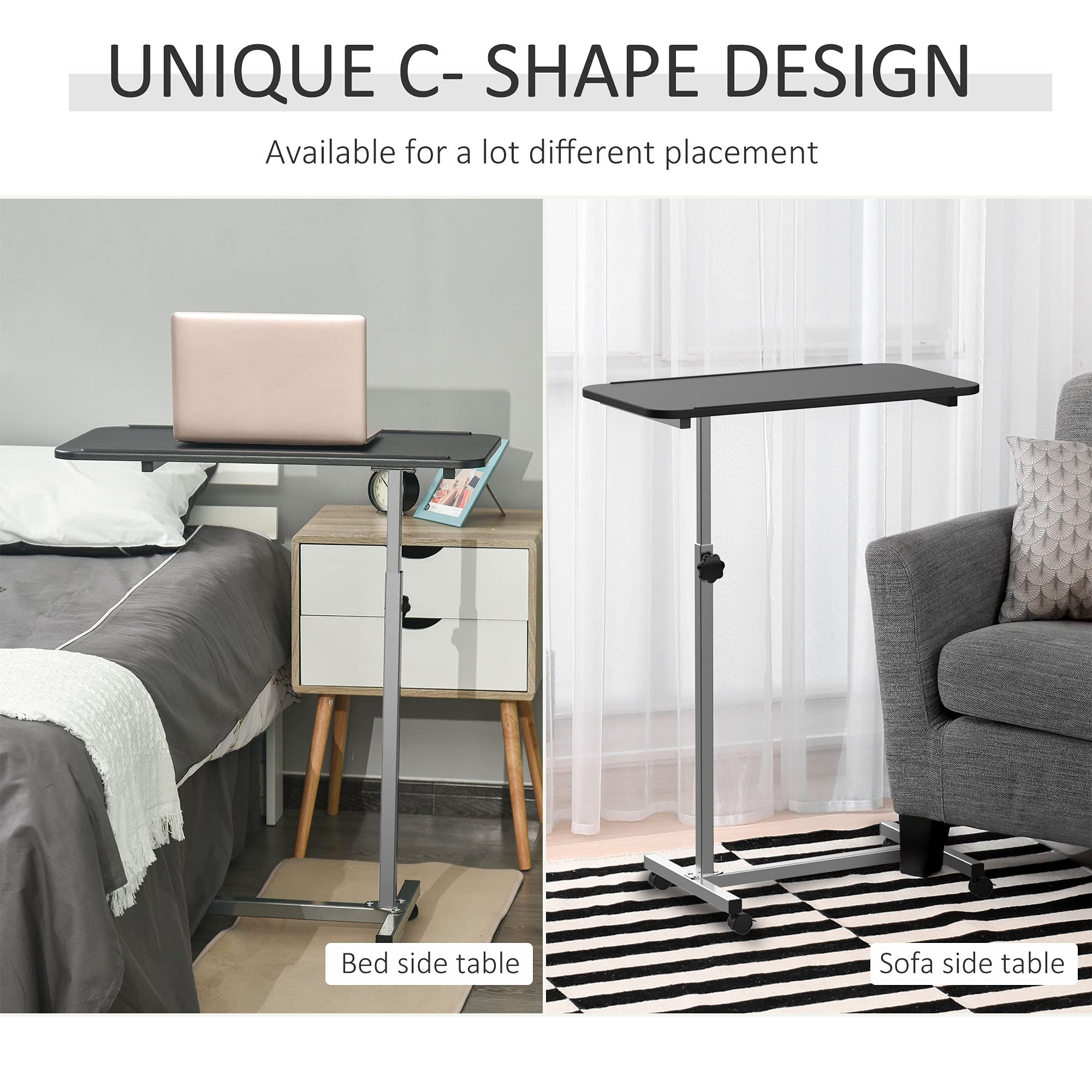 HOMCOM Height Adjustable C-Shape Over Bed Table with Wheels | 77L x 40W cm | 20kg Capacity 4