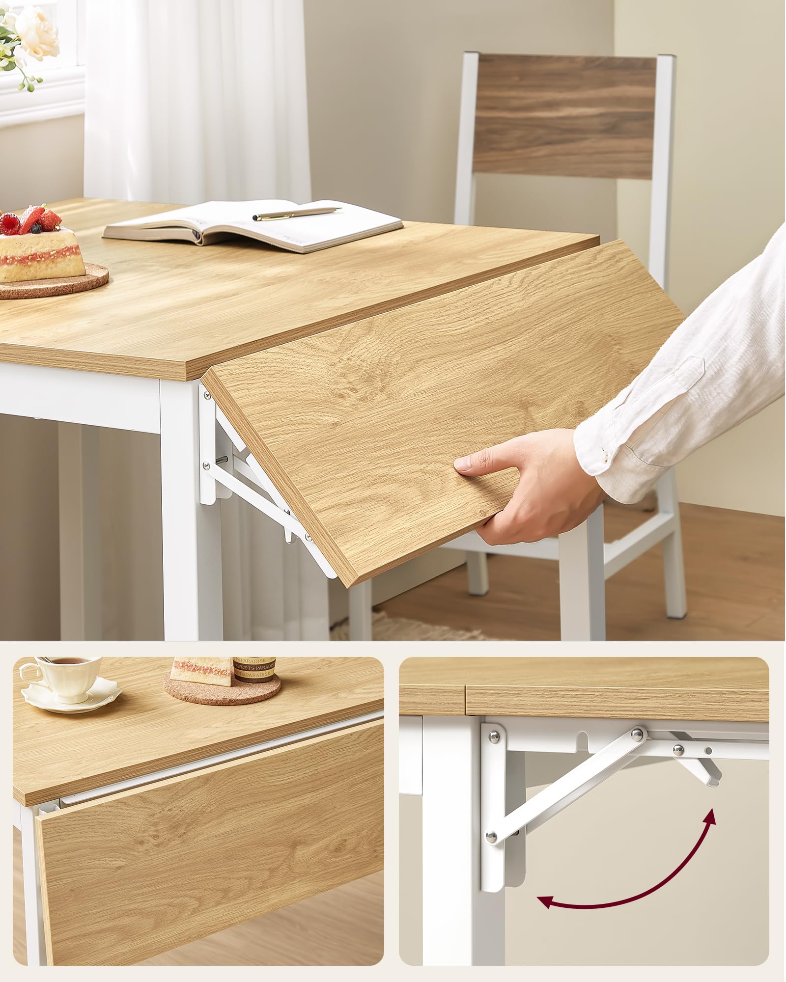 VASAGLE Folding Dining Table - Extendable Drop Leaf | Seats Multiple | Natural Oak + Cloud White 5