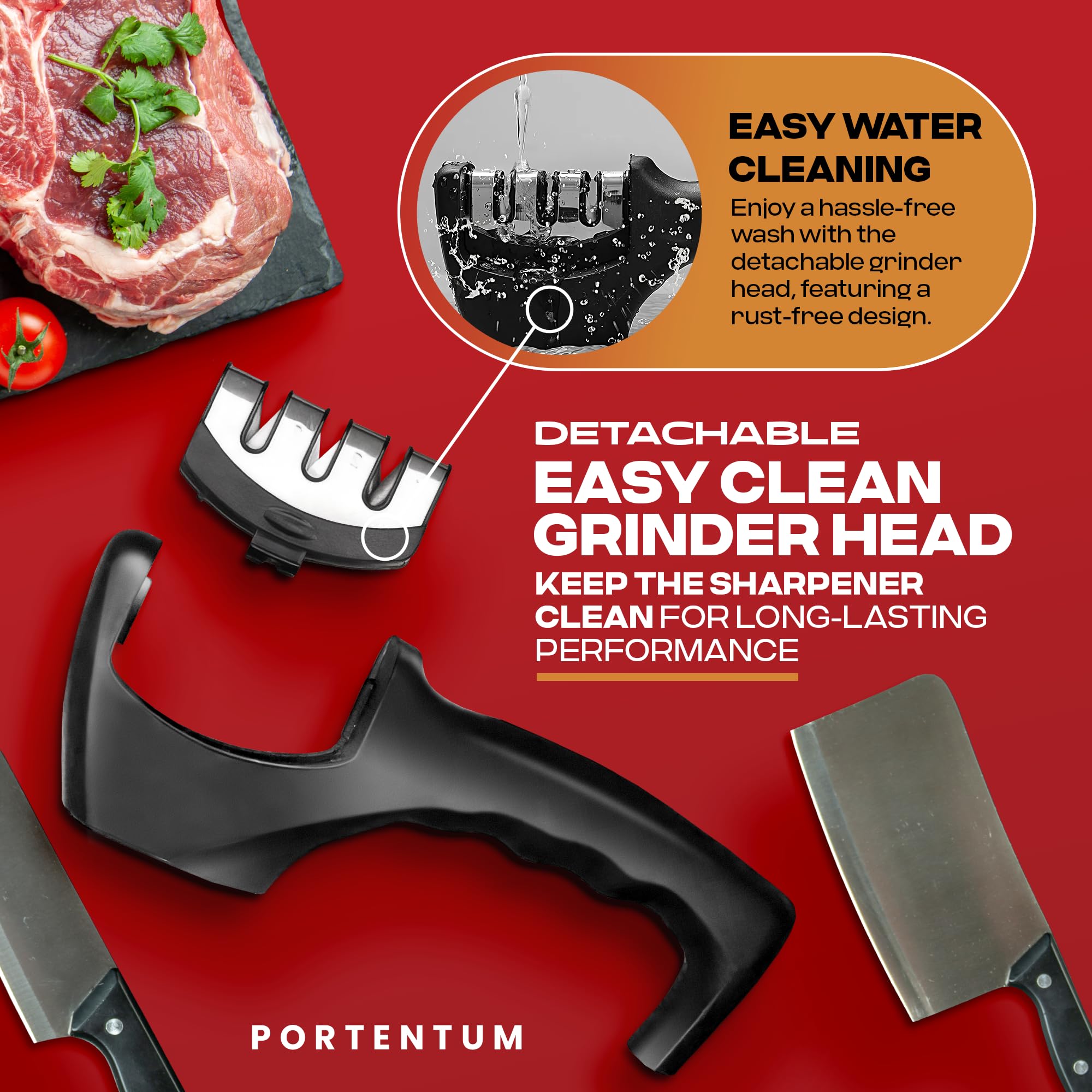 PORTENTUM 3-Stage Manual Knife Sharpener - Tungsten Carbide | Non-Slip Base | For Straight & Serrated Steel Knives 7