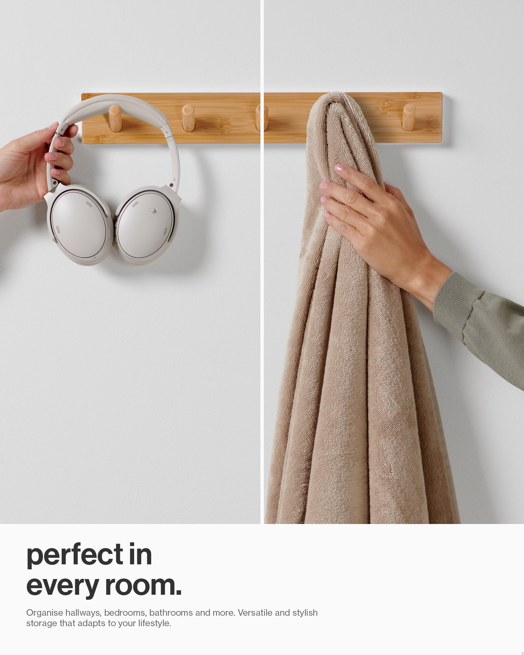 LARHN Wooden Wall Coat Rack with 5 Hooks - 2-Pack | Bamboo Finish | Heavy Duty 5
