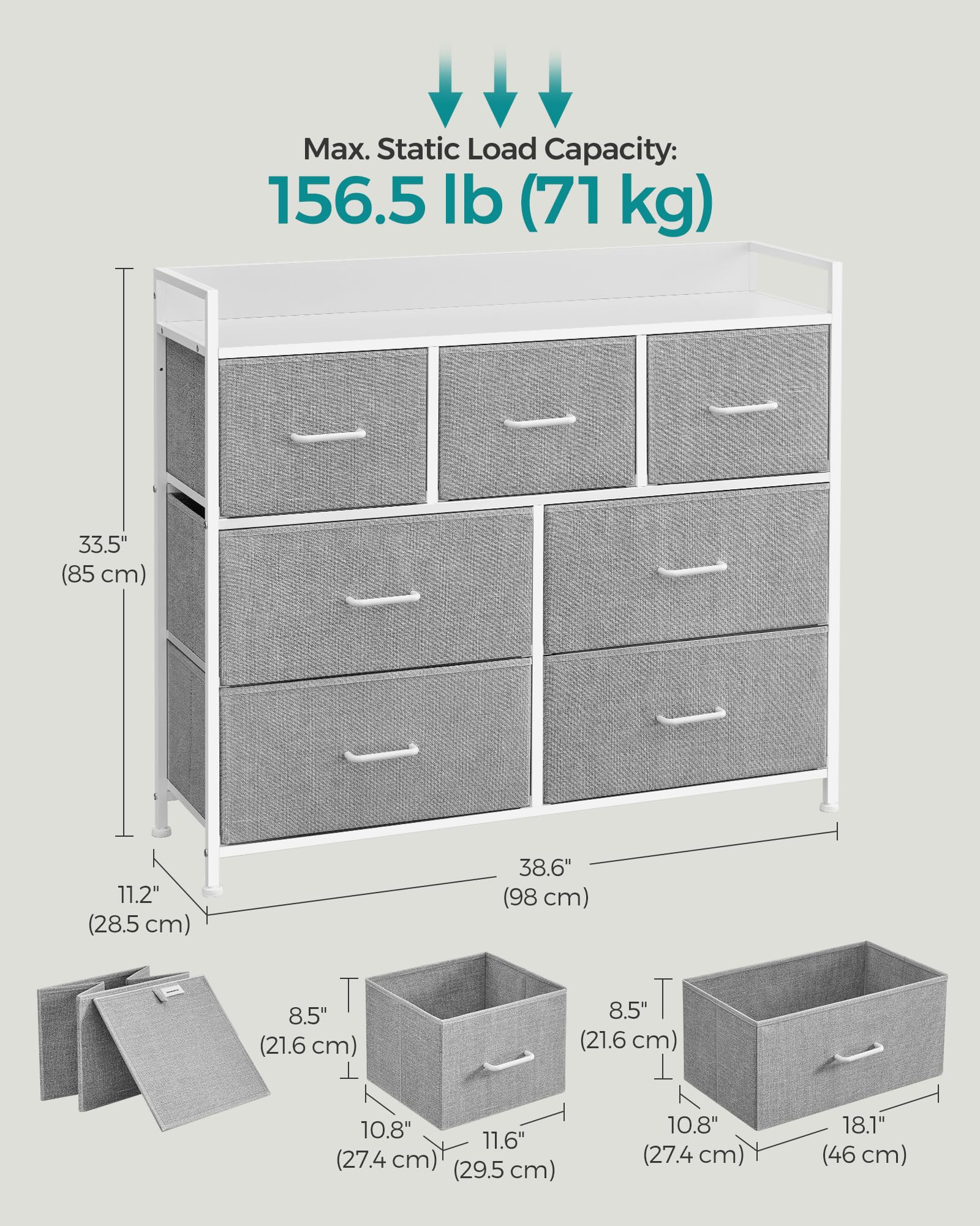 SONGMICS Chest of Drawers - 7 Fabric Drawers | Metal Frame | Dove Grey & Cloud White | 98W x 85H cm 2