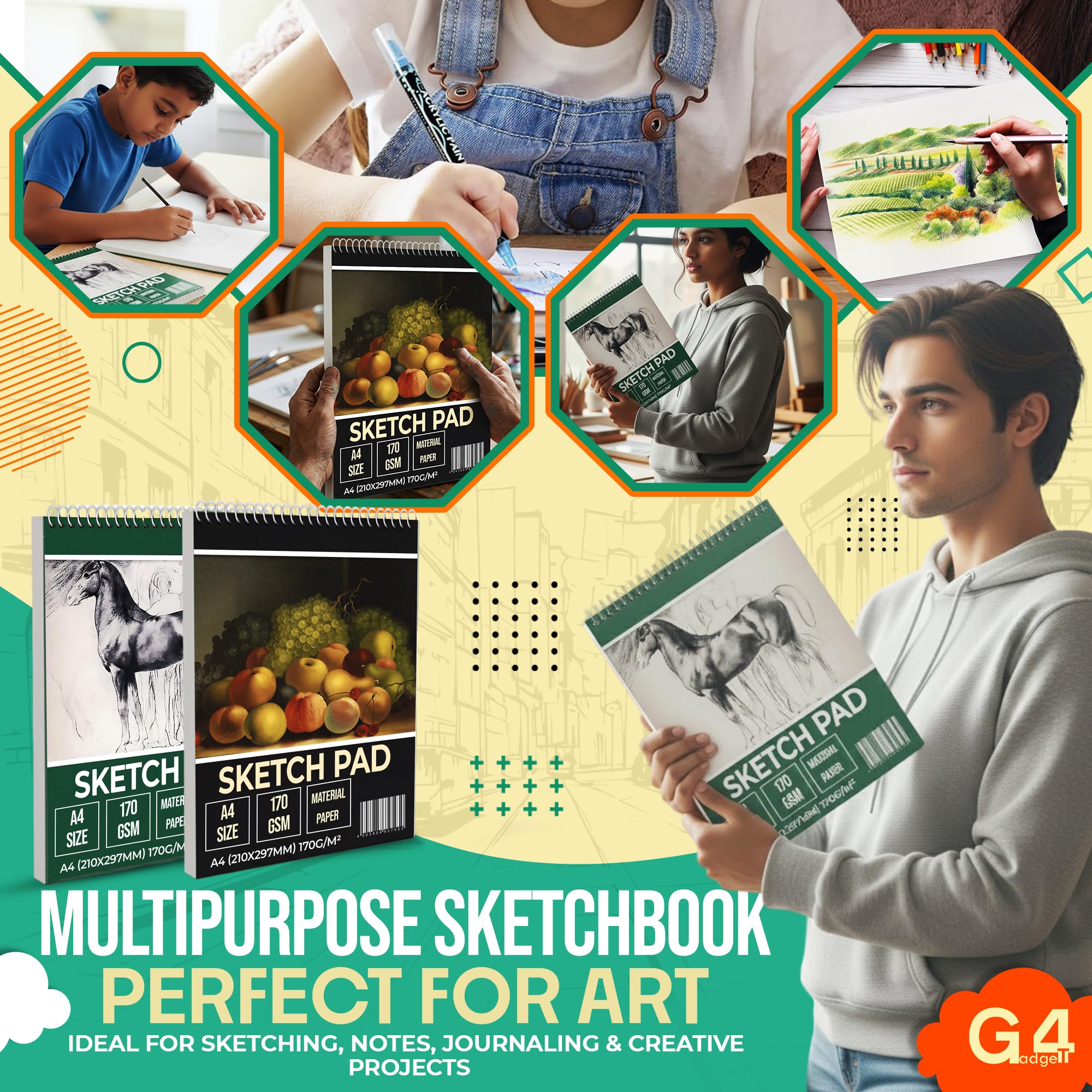 G4GADGET Sketchbook - 2 Pack A3 Drawing Pad | 170 GSM Thick Paper | Wiro Bound 9