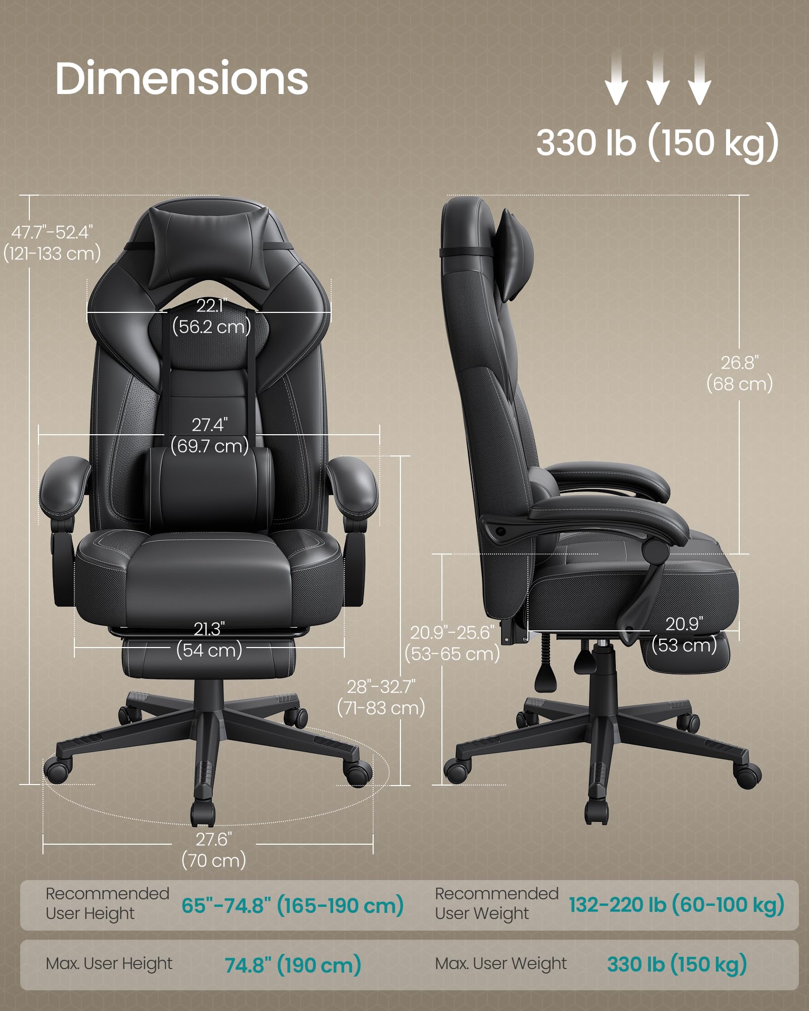 SONGMICS Gaming Chair with Footrest | Synthetic Leather | Ink Black | 70 x 70 x 121-133 cm 2