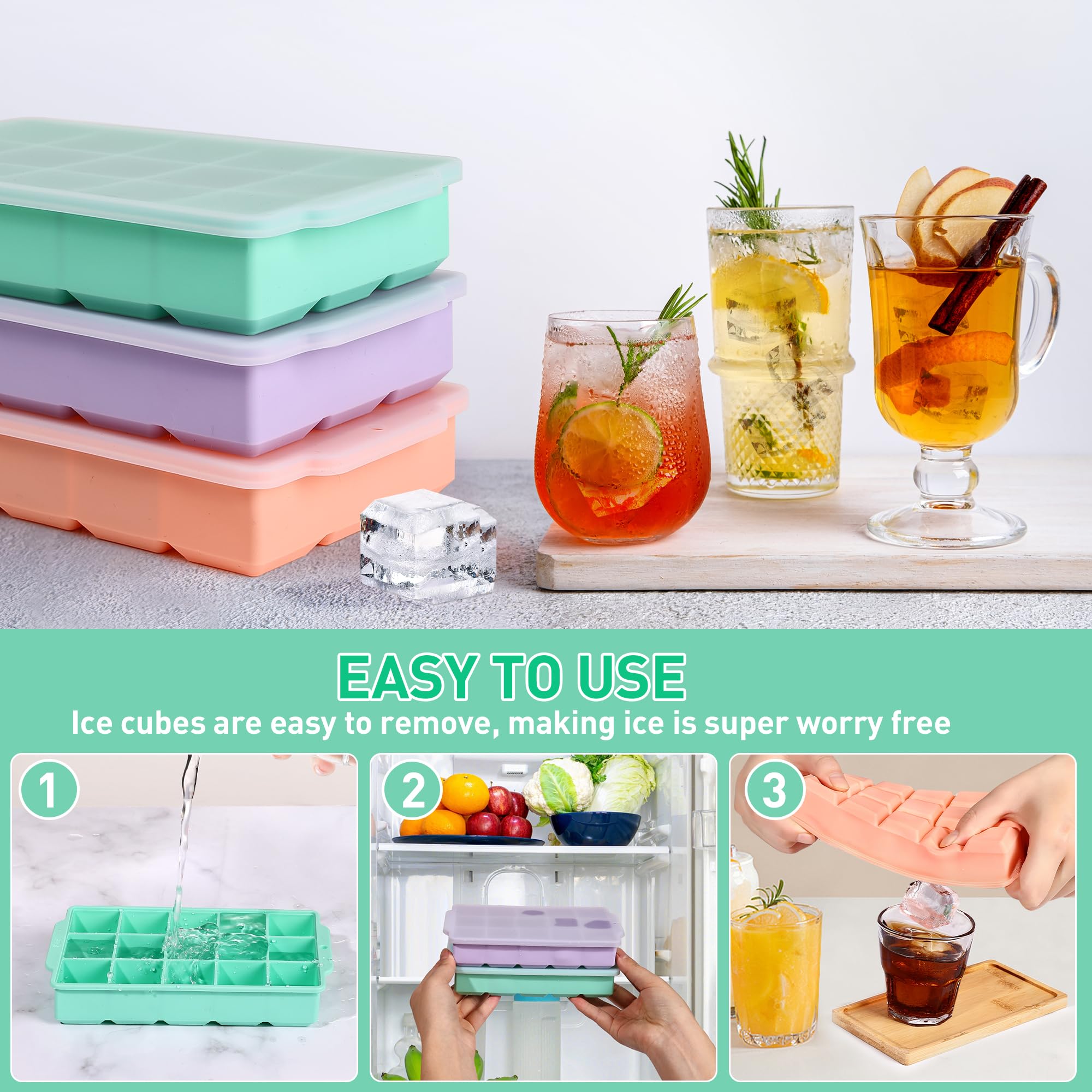 Lychico Silicone Ice Cube Tray with Lid - 3 Pack Easy-Release, Food Grade | 45 Cubes Total 5