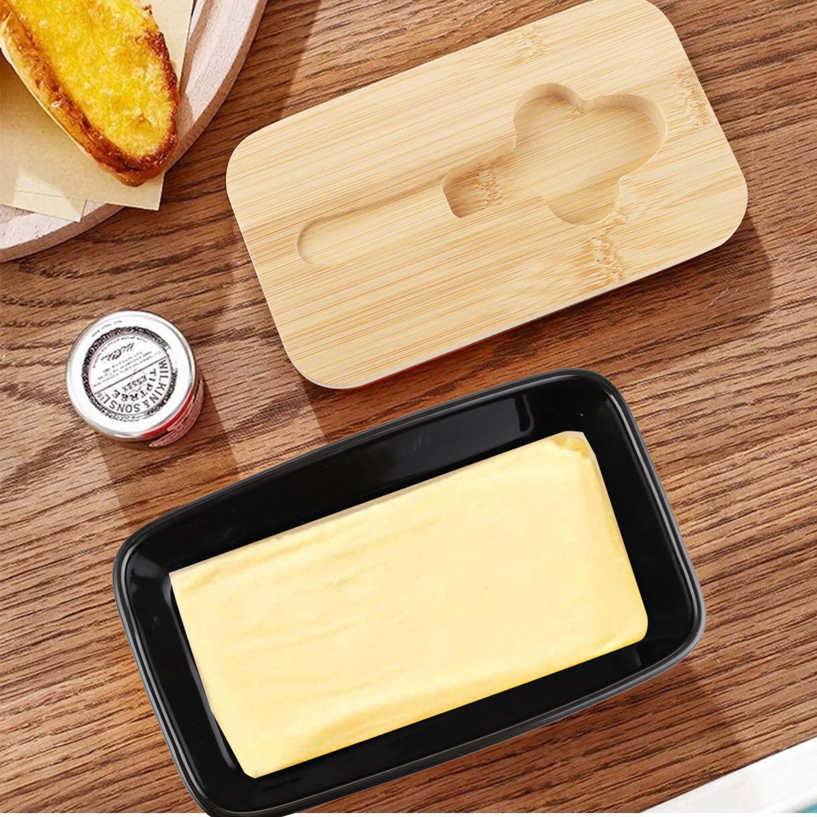 ASelected Large 650ml Ceramic Butter Dish with Bamboo Lid | Rectangular, Black, Dishwasher Safe 6