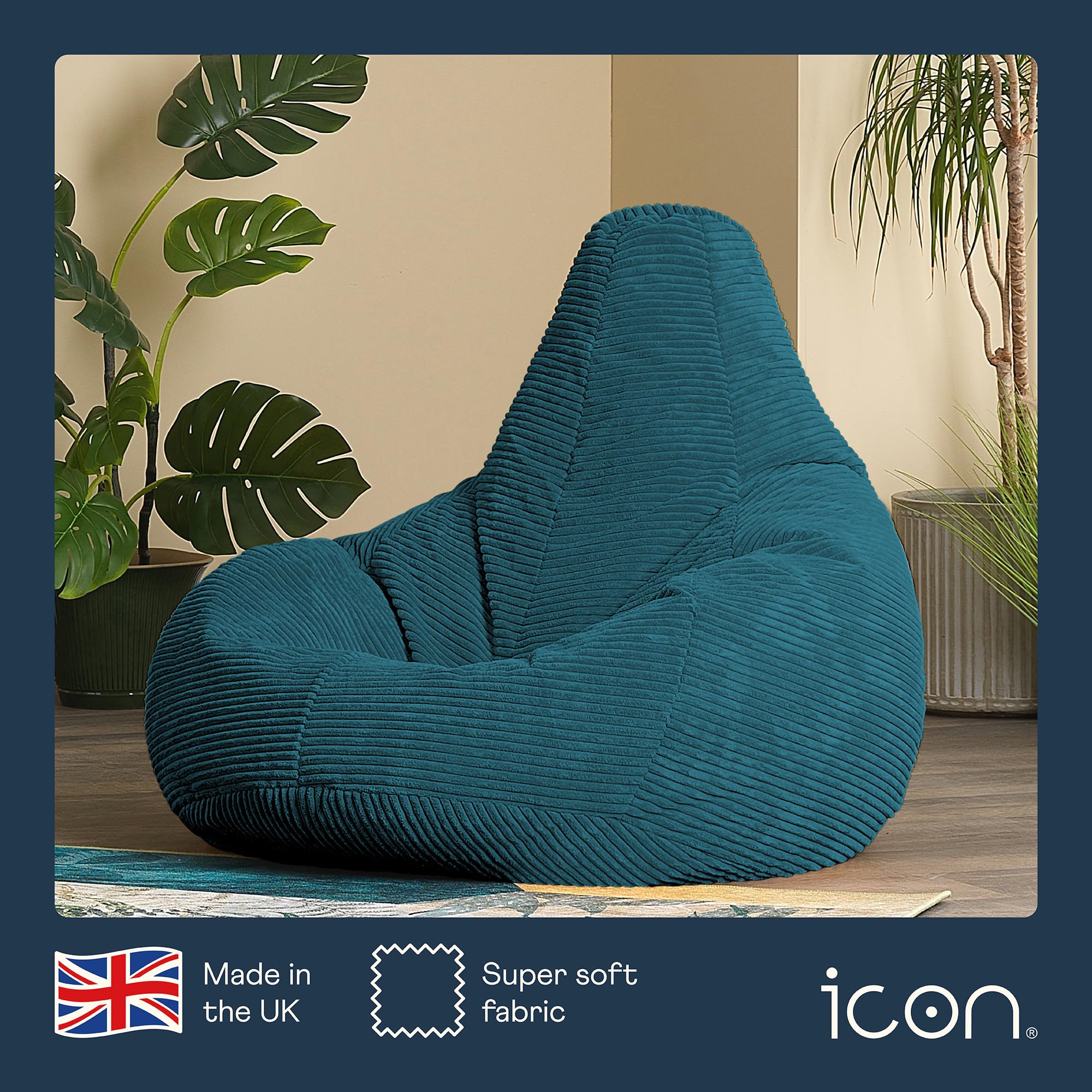 icon Dalton Cord Bean Bag Chair - Supportive Recliner Shape | Teal Green | Large Adult Size 6